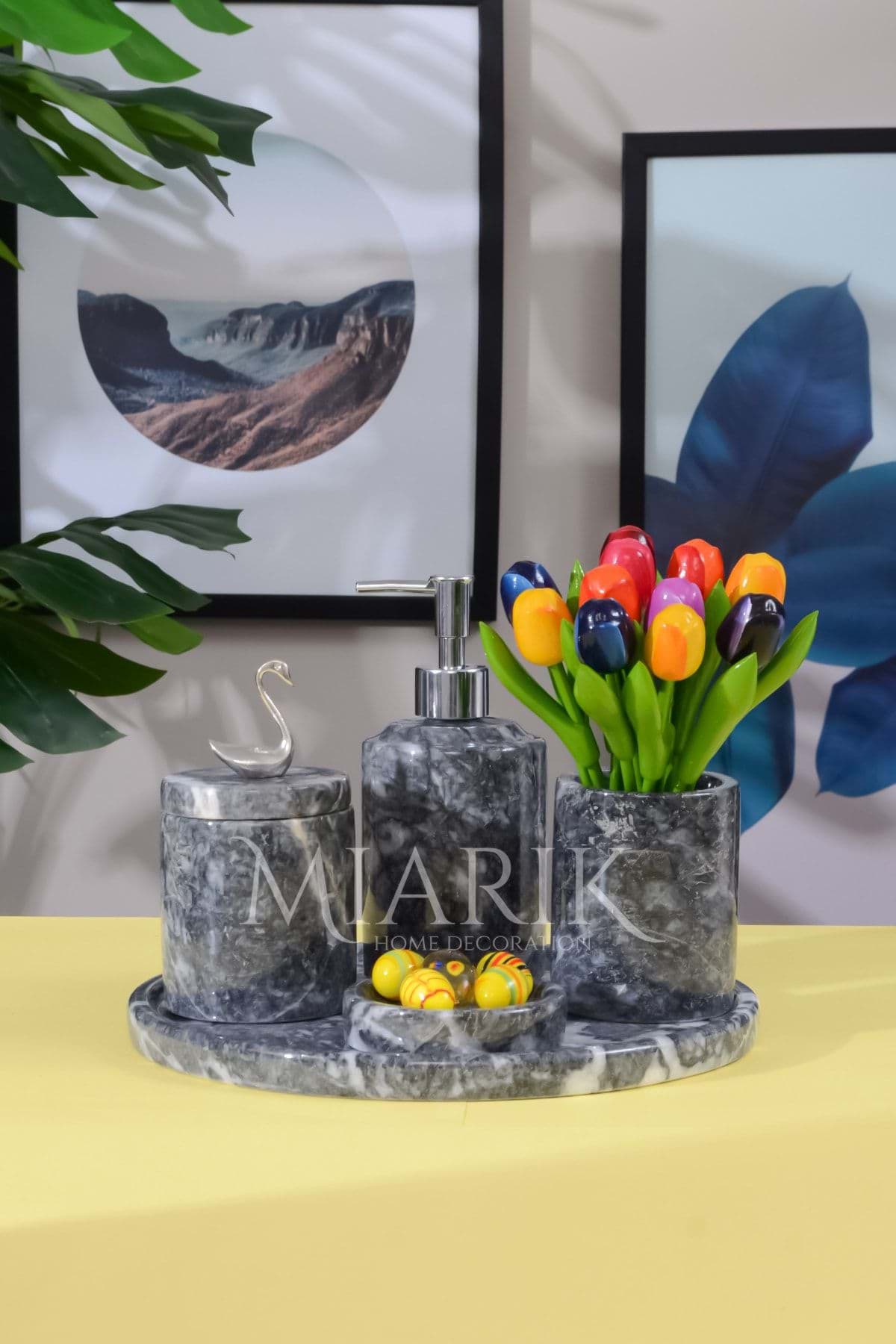 Dekoratif Koyu Gri Mermer Gümüş Kuş Kuğu Detaylı 5 Li Banyo Seti Takımı resmi