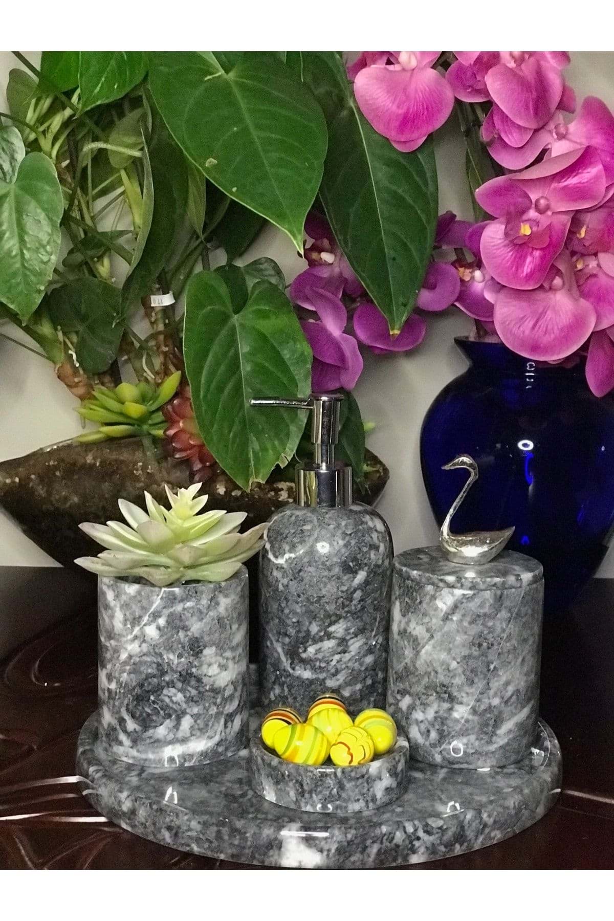 Dekoratif Koyu Gri Mermer Gümüş Kuş Kuğu Detaylı 5 Li Banyo Seti Takımı resmi