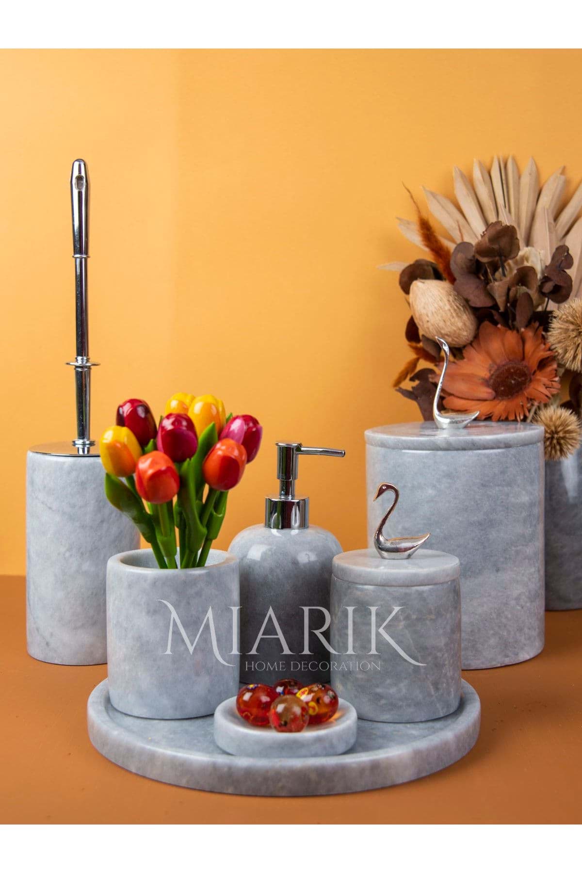 Dekoratif Grı Mermer Gümüş Kuş Kuğu Detaylı 7 Li Banyo Seti Takımı resmi