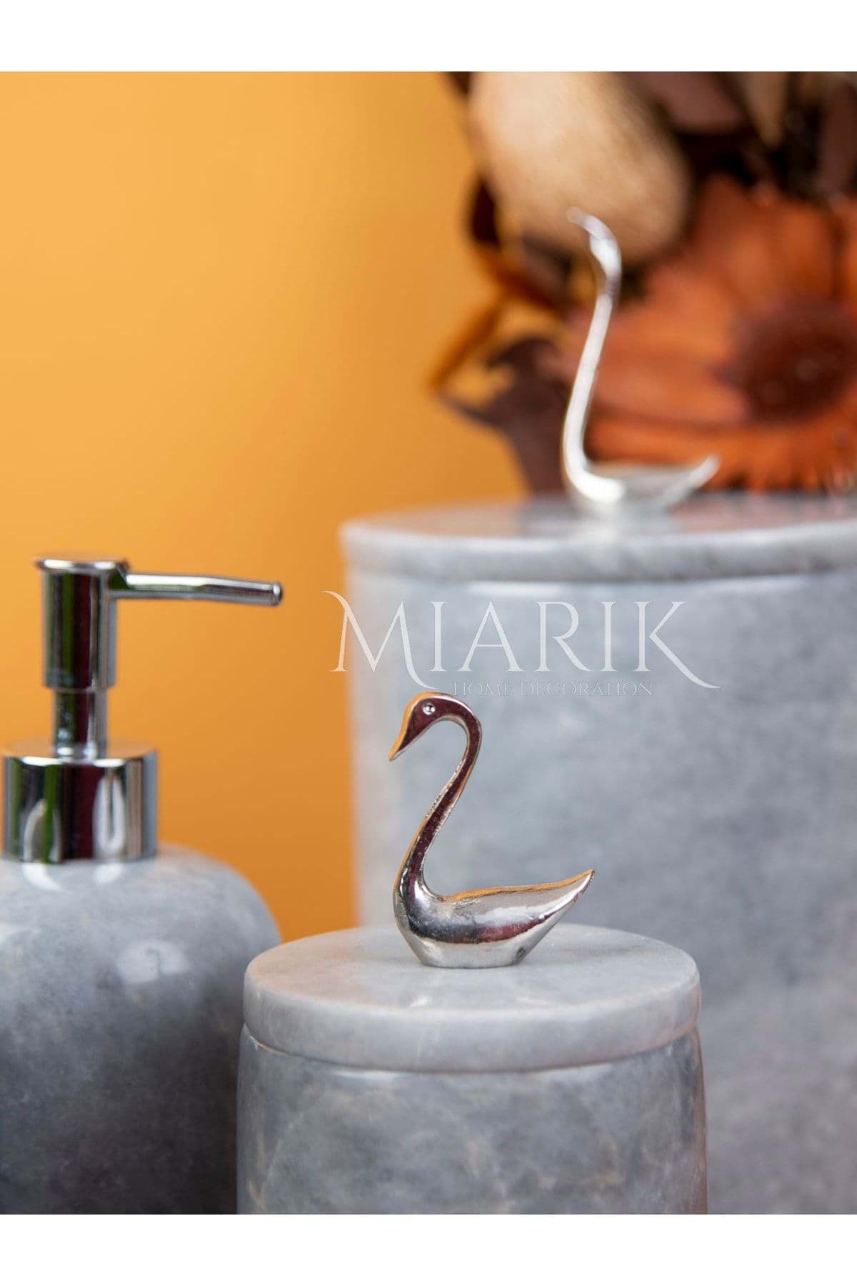 Dekoratif Grı Mermer Gümüş Kuş Kuğu Detaylı 7 Li Banyo Seti Takımı resmi