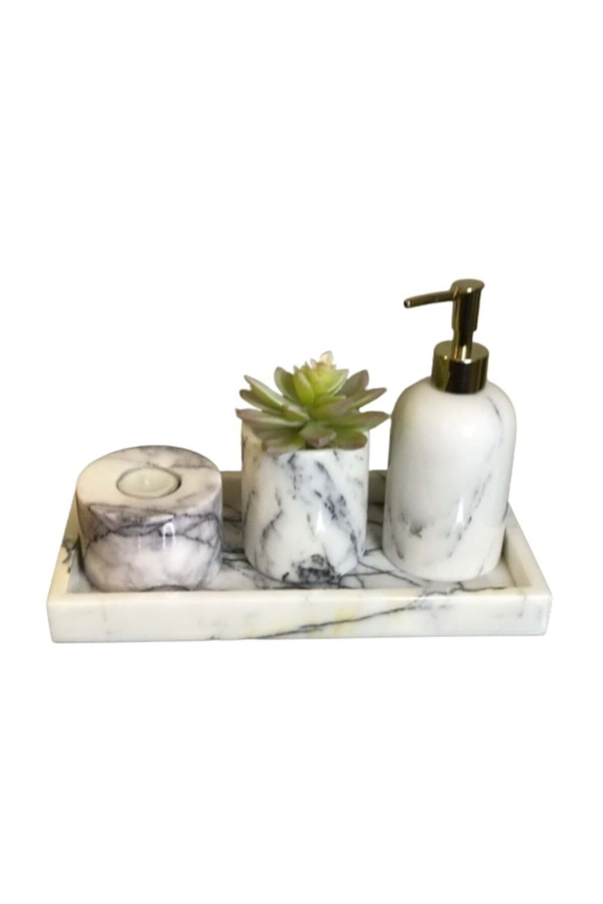 Dekoratif Leylak Mermer Altın Detaylı 4 Lü Banyo Seti Takımı resmi