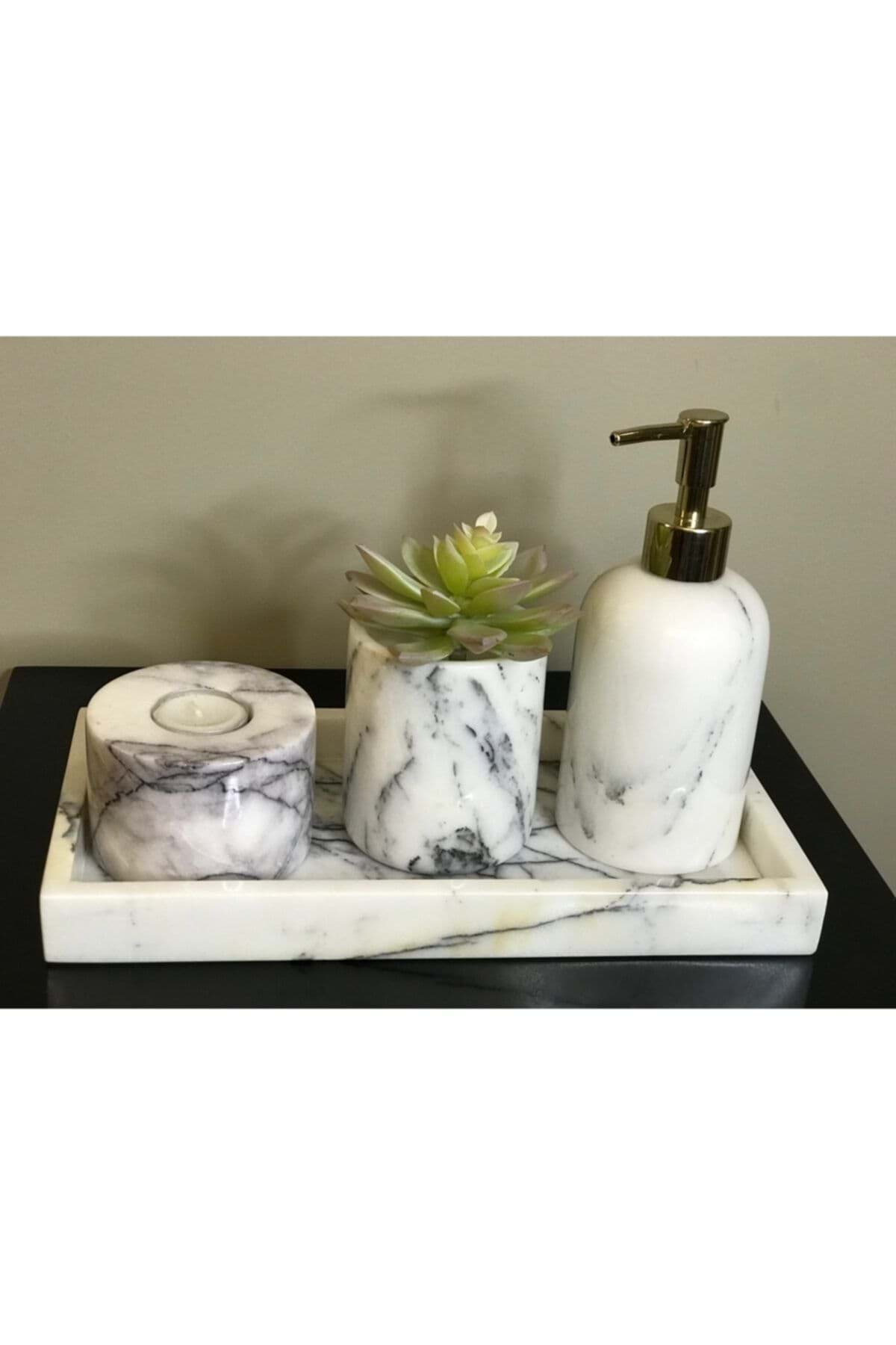 Dekoratif Leylak Mermer Altın Detaylı 4 Lü Banyo Seti Takımı resmi