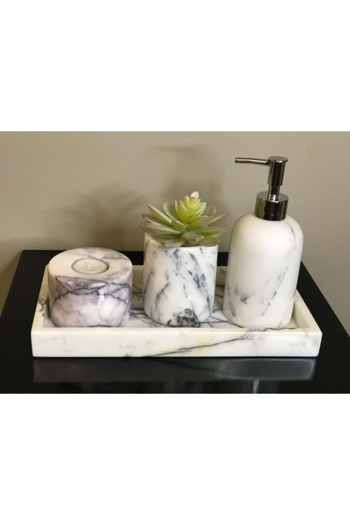 Dekoratif Leylak Mermer Gümüş Detaylı 4 Lü Banyo Seti Takımı resmi