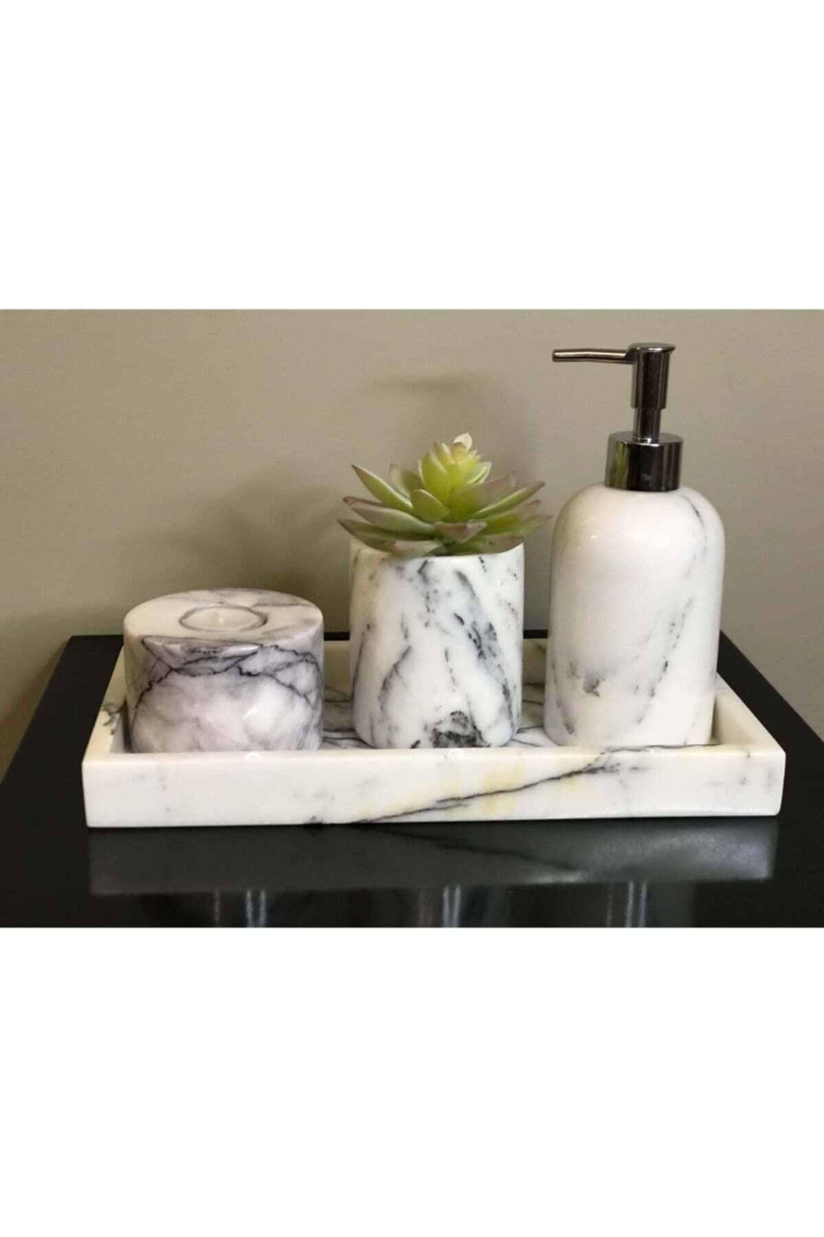 Dekoratif Leylak Mermer Gümüş Detaylı 4 Lü Banyo Seti Takımı resmi