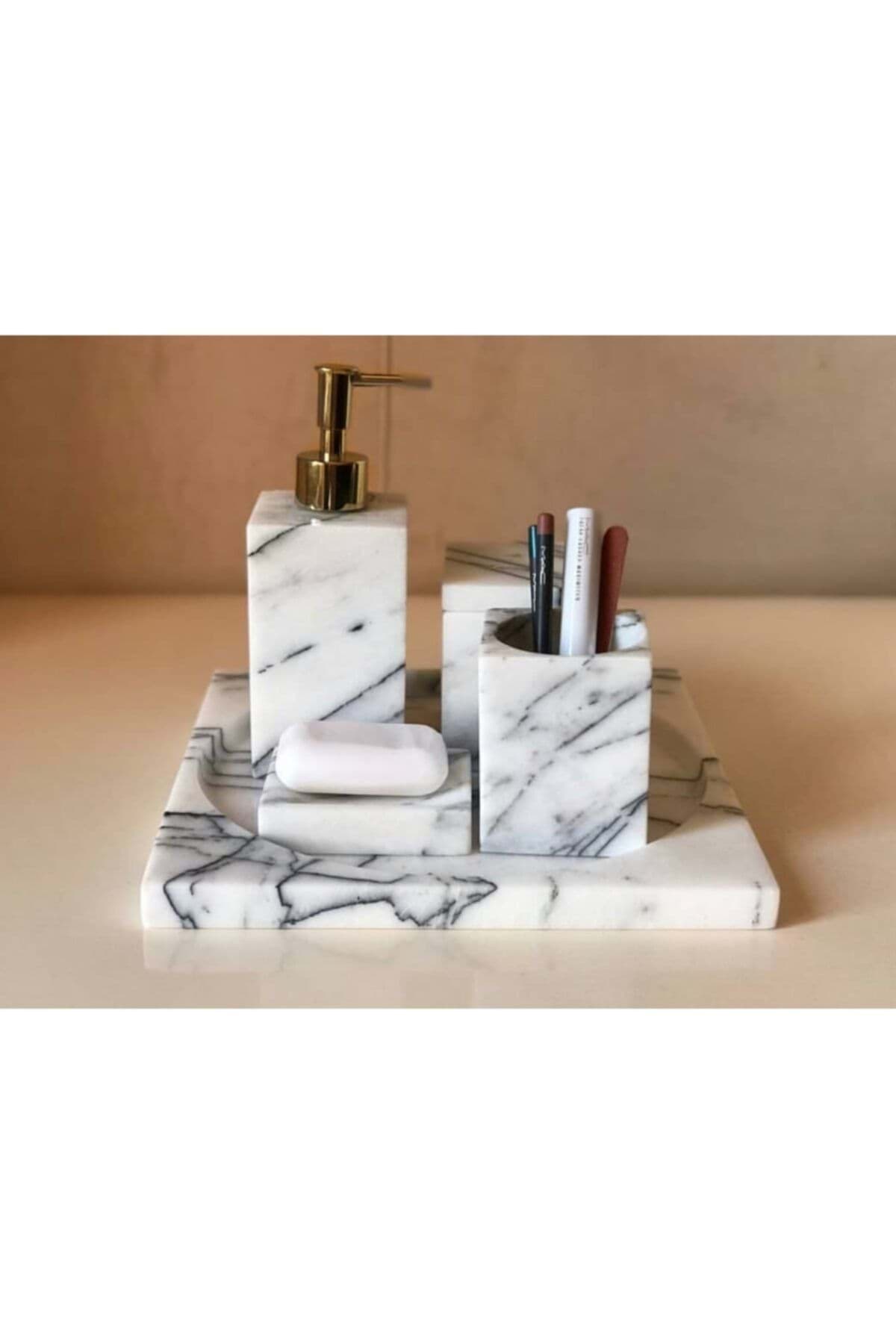 Dekoratif Leylak Mermer Düz Kare Gold Detaylı 5 Li Banyo Seti Takımı resmi