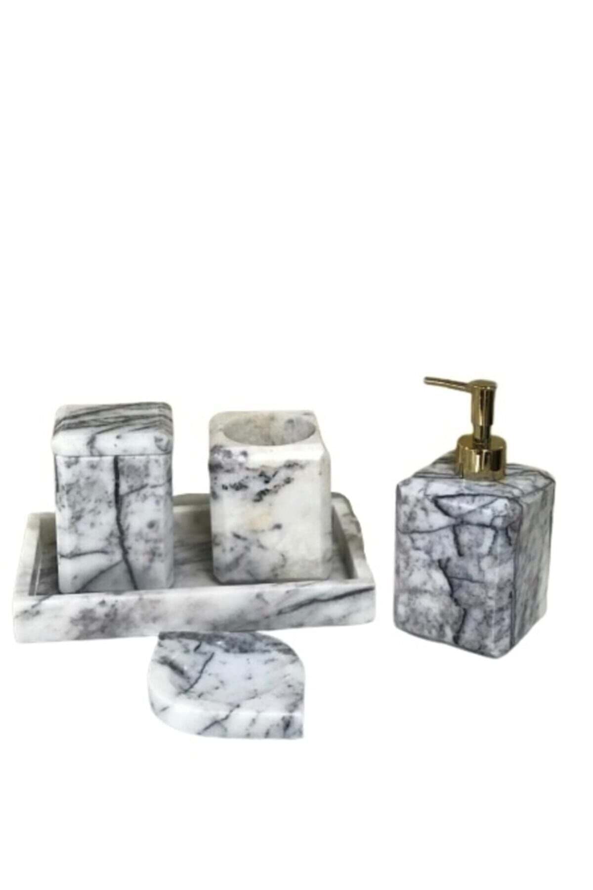 Dekoratif Leylak Mermer Düz Kareli Gold Detaylı 5 Li Banyo Seti Takımı resmi