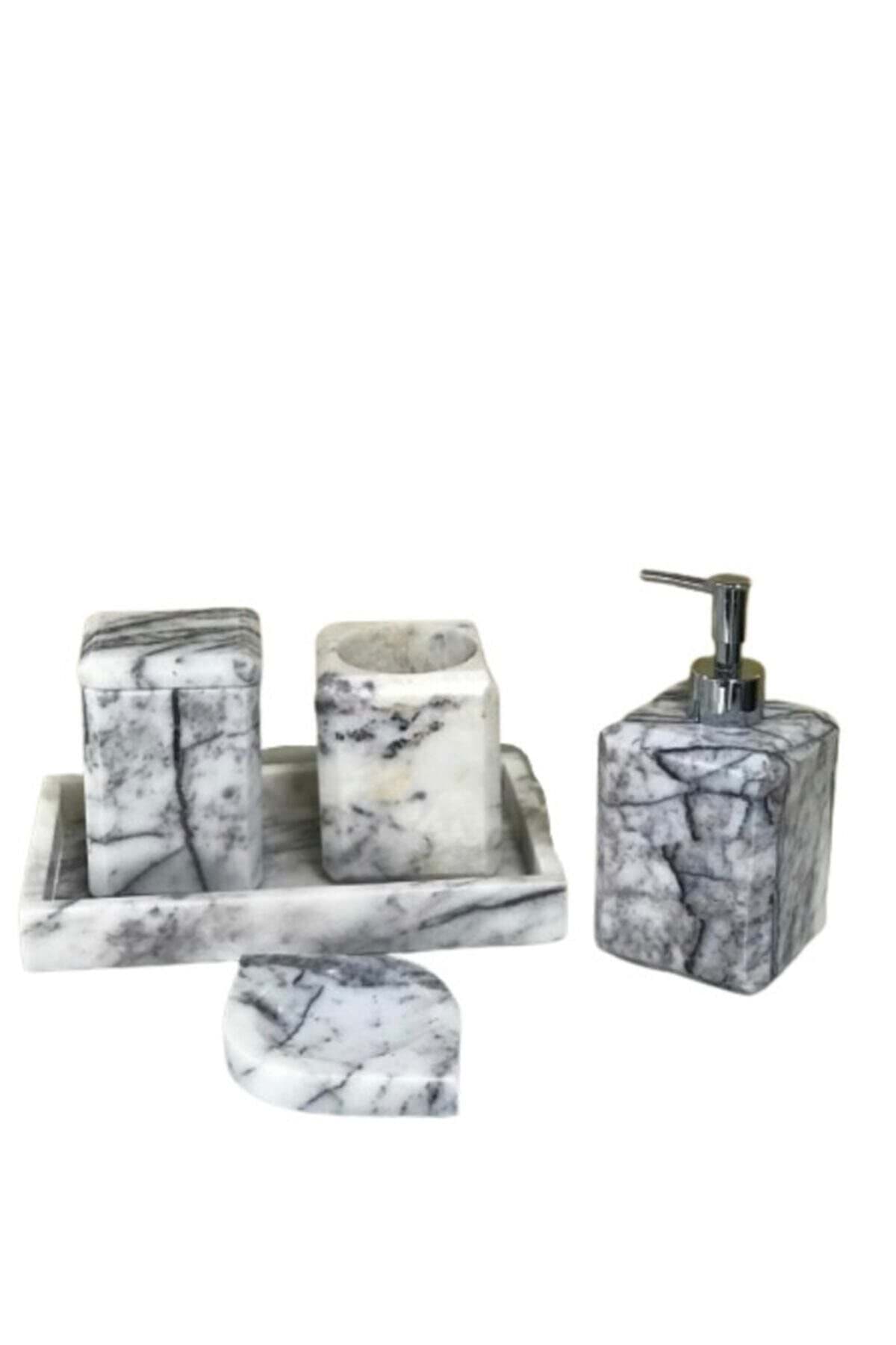 Dekoratif Leylak Mermer Düz Kareli Gümüş Detaylı 5 Li Banyo Seti Takımı resmi