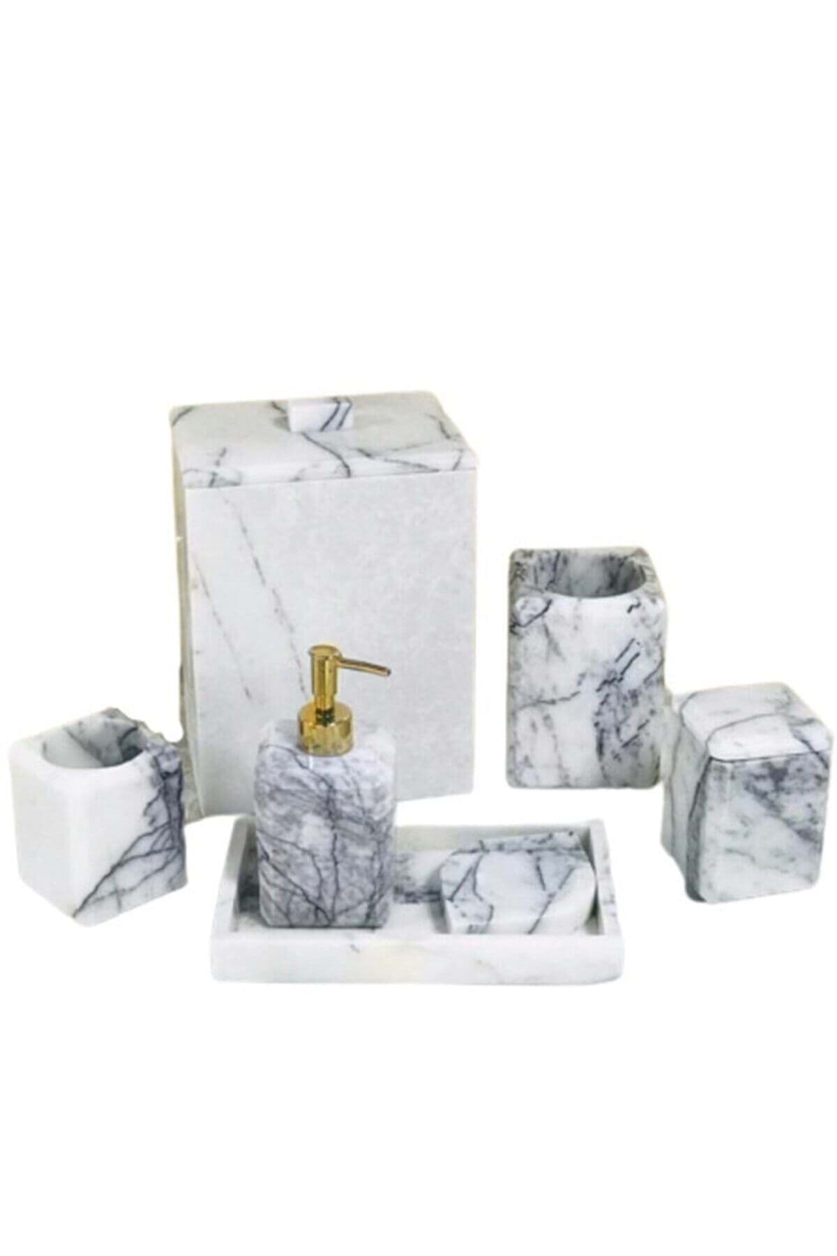 Dekoratif Leylak Beyaz Mermer Düz Kare Gold Detaylı 7 Li Banyo Seti Takımı resmi