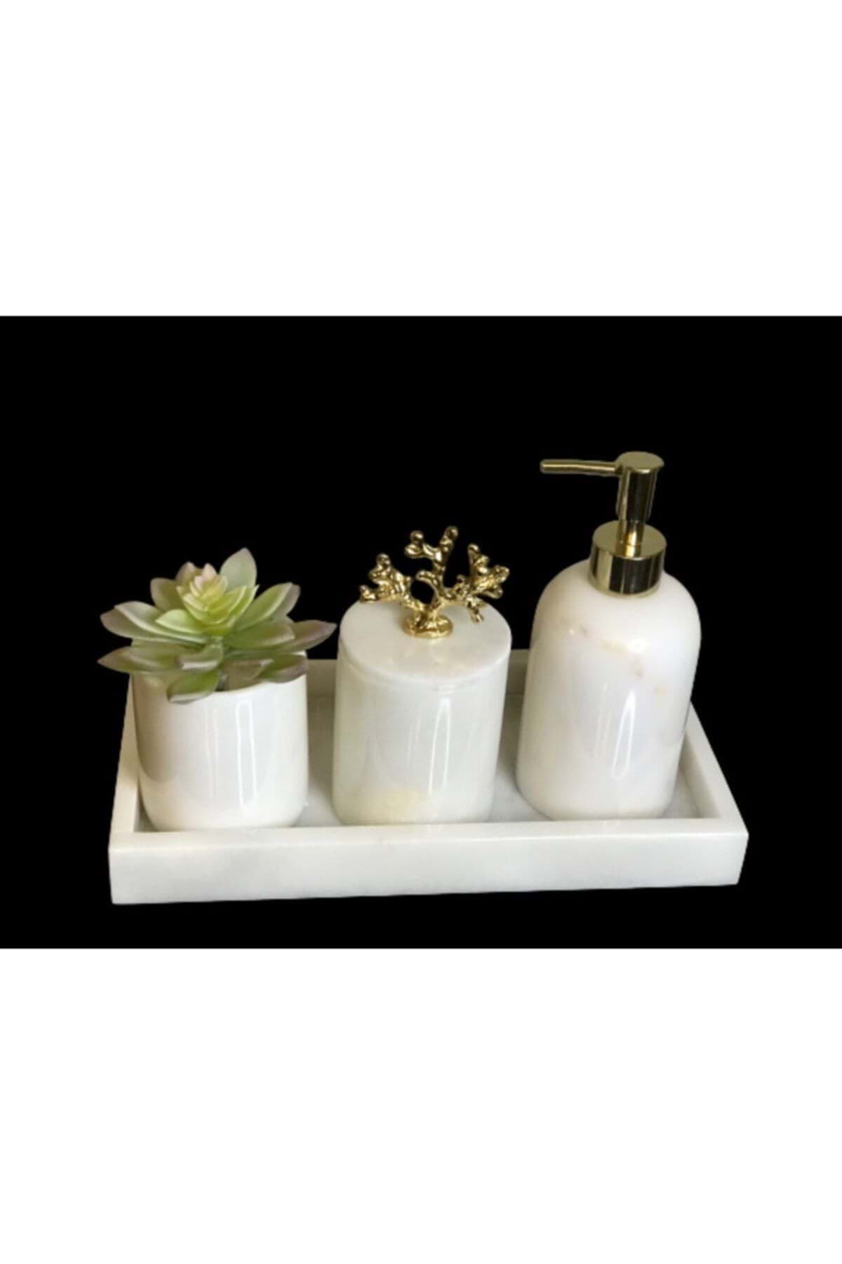 Dekoratif Beyaz Mermer Altın Mercan Detaylı 4 Lü Banyo Seti Takımı resmi