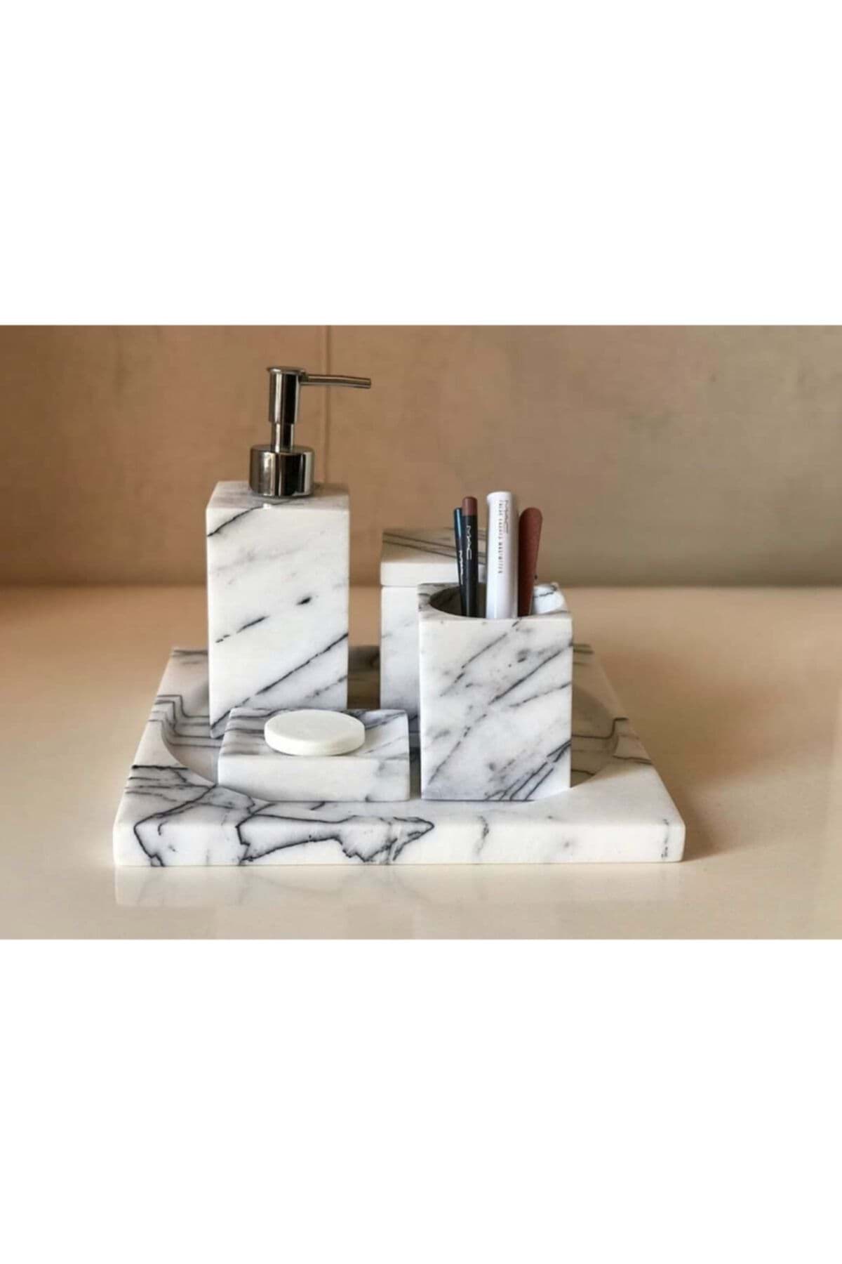 Dekoratif Leylak Mermer Düz Kare Gümüş Detaylı 5li Banyo Seti Takımı resmi