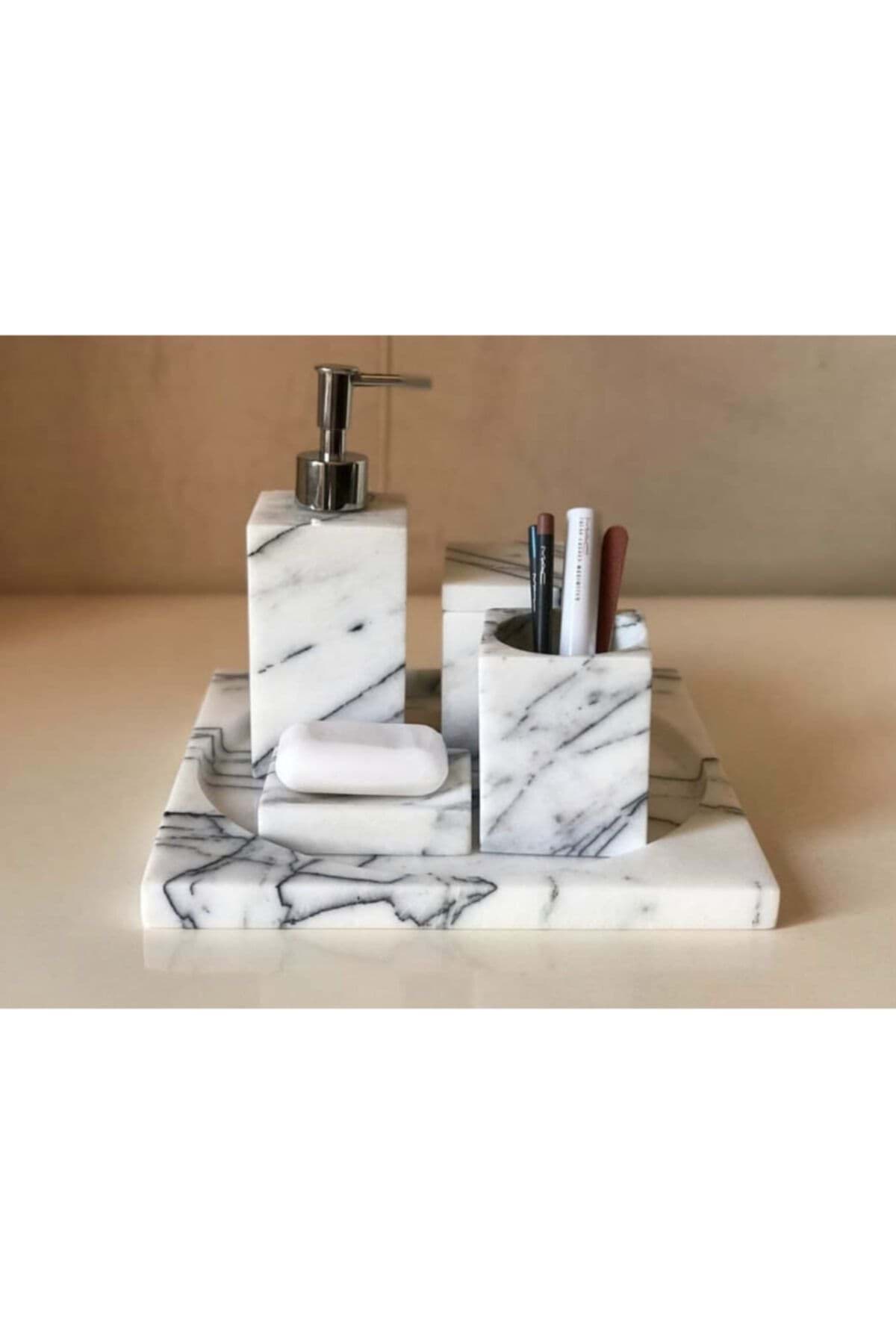 Dekoratif Leylak Mermer Düz Kare Gümüş Detaylı 5li Banyo Seti Takımı resmi