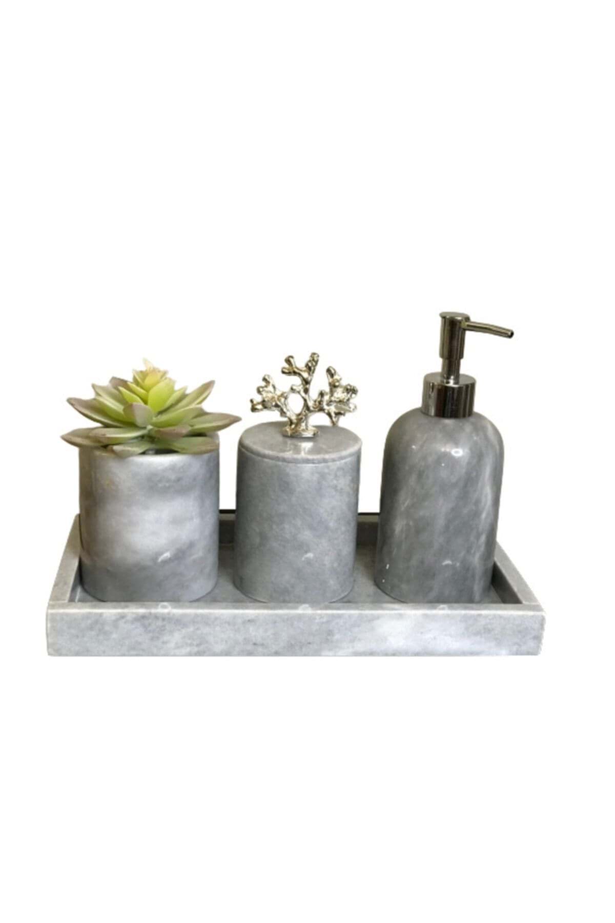 Dekoratif Gri Mermer Gümüş Mercan Detaylı 4 Lü Banyo Seti Takımı resmi