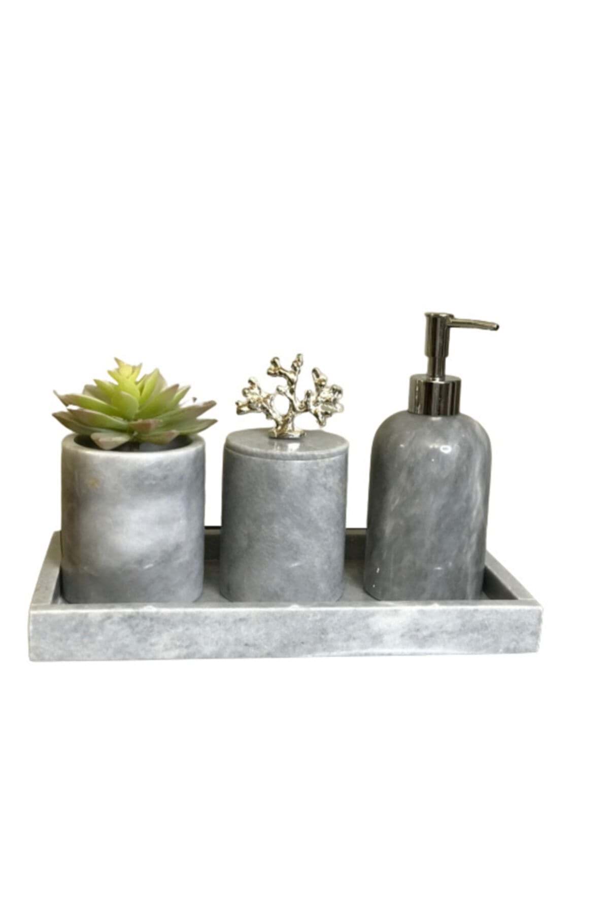 Dekoratif Gri Mermer Gümüş Mercan Detaylı 4 Lü Banyo Seti Takımı resmi