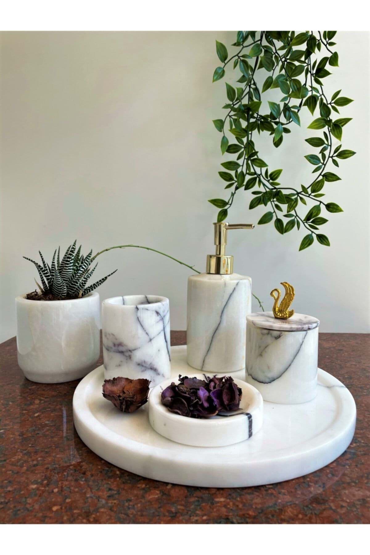 Dekoratif Leylak Mermer Gold Yatan Kuğu Detaylı 5'li Banyo Seti Takımı resmi