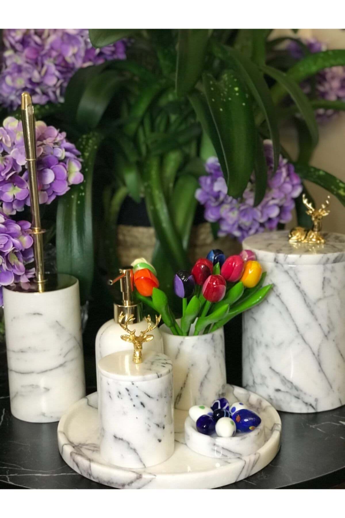 Dekoratif Leylak Mermer Gold Altın Ceylan Ve Geyık Detaylı 7 Li Banyo Seti Takımı resmi