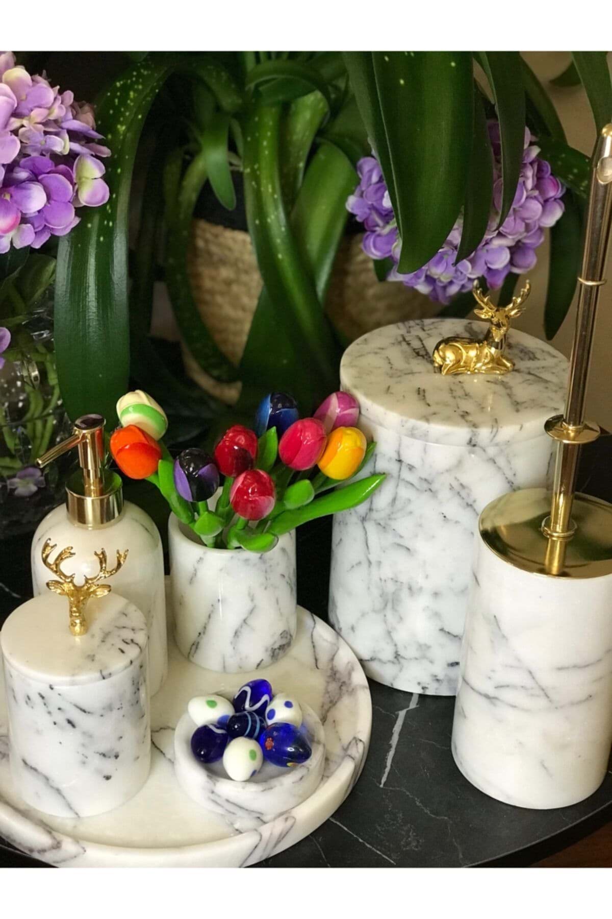 Dekoratif Leylak Mermer Gold Altın Ceylan Ve Geyık Detaylı 7 Li Banyo Seti Takımı resmi