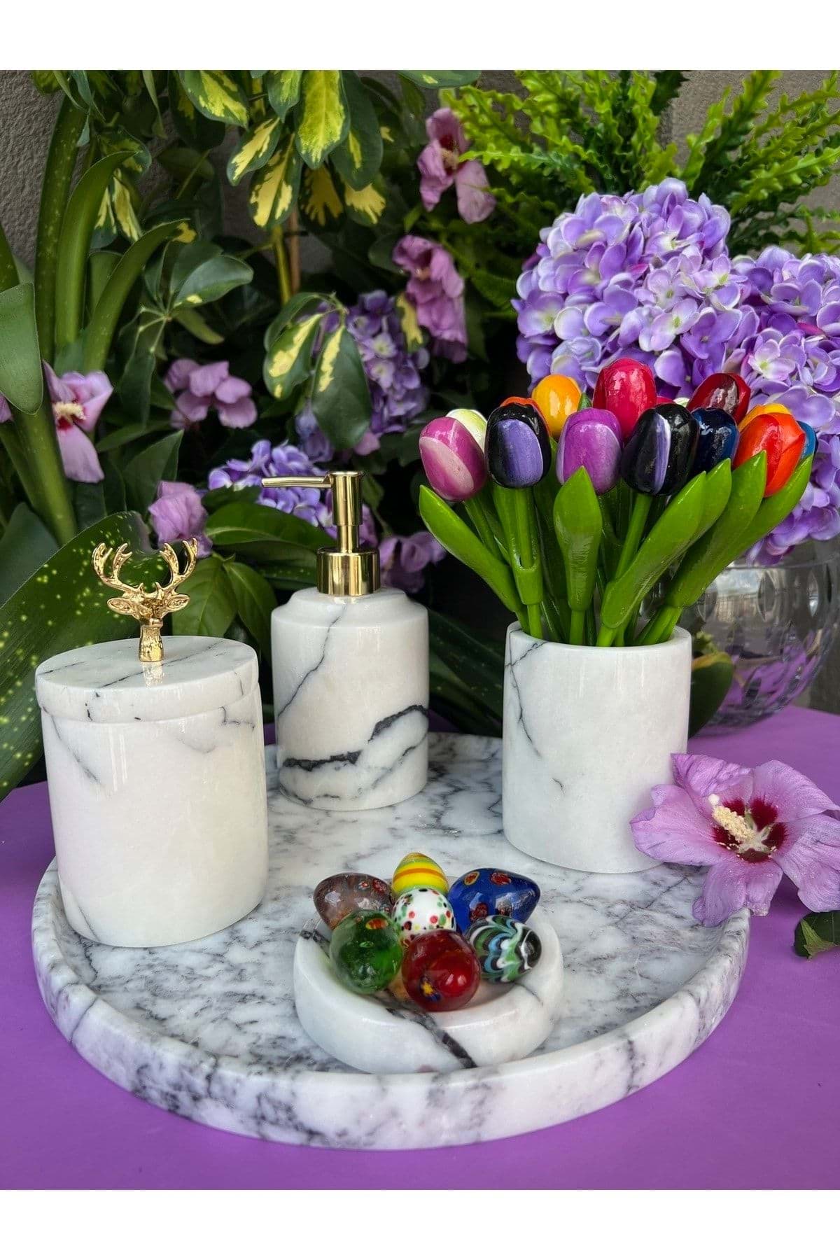 Dekoratif Leylak Mermer Gold Geyık Detaylı 5 Li Banyo Seti Takımı resmi