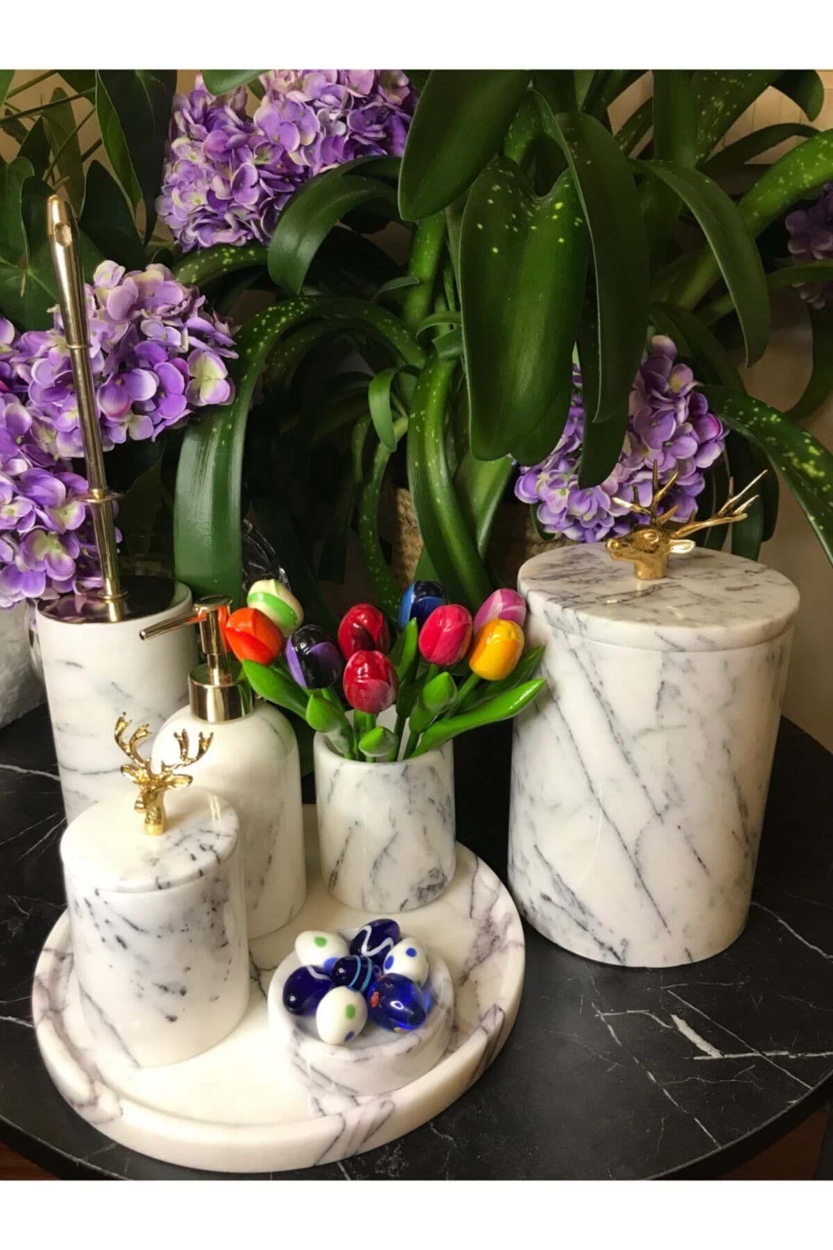 Dekoratif Leylak Mermer Gold Altın Buyuk Geyık Detaylı 7 Li Banyo Seti Takımı resmi