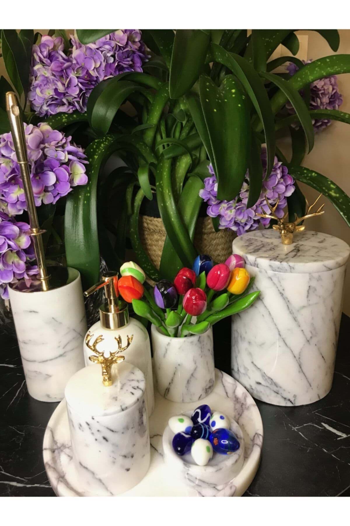 Dekoratif Leylak Mermer Gold Altın Buyuk Geyık Detaylı 7 Li Banyo Seti Takımı resmi