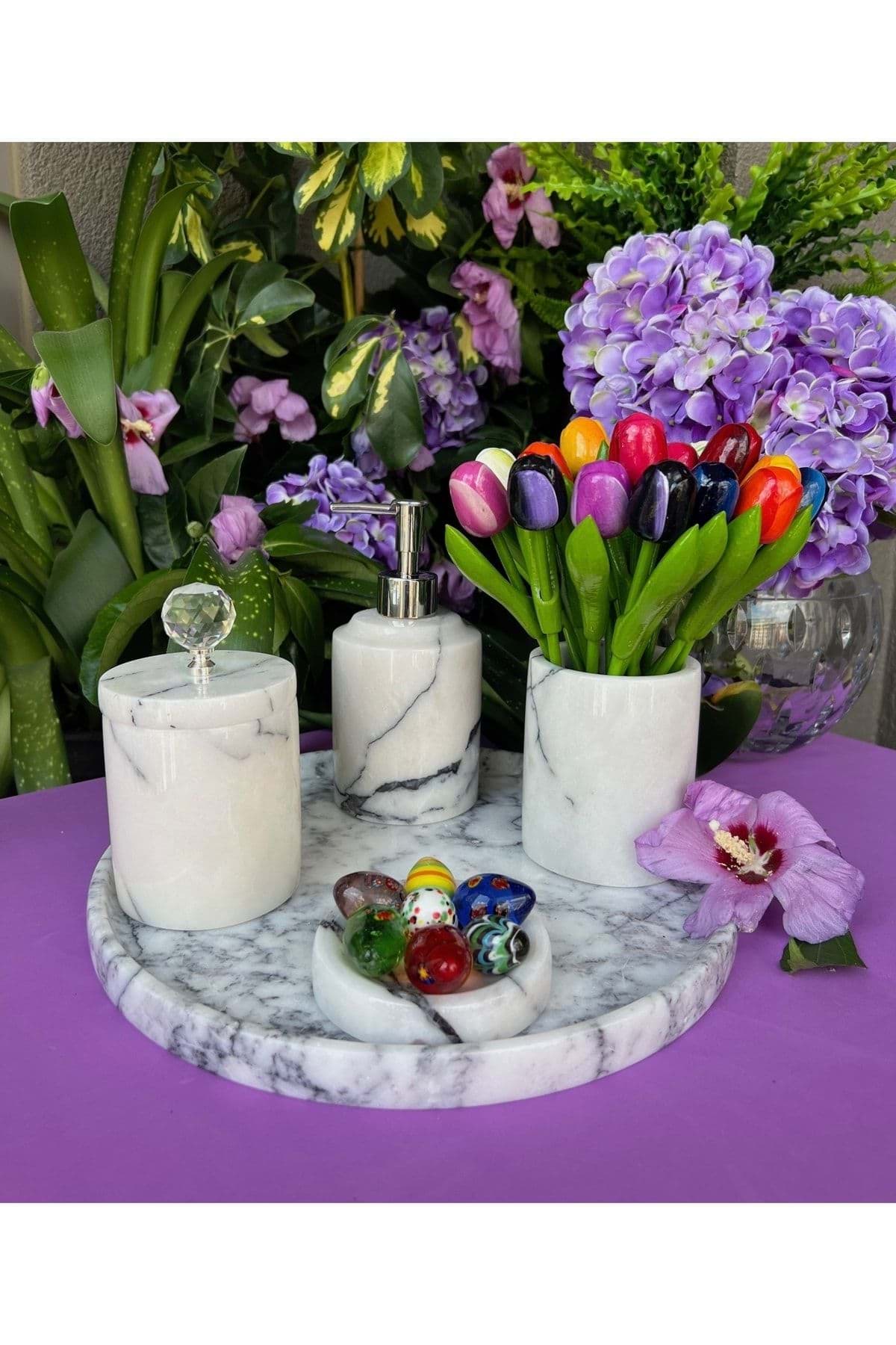 Dekoratif Leylak Mermer Gümüş Kristal Detaylı 5li Banyo Seti Takımı resmi