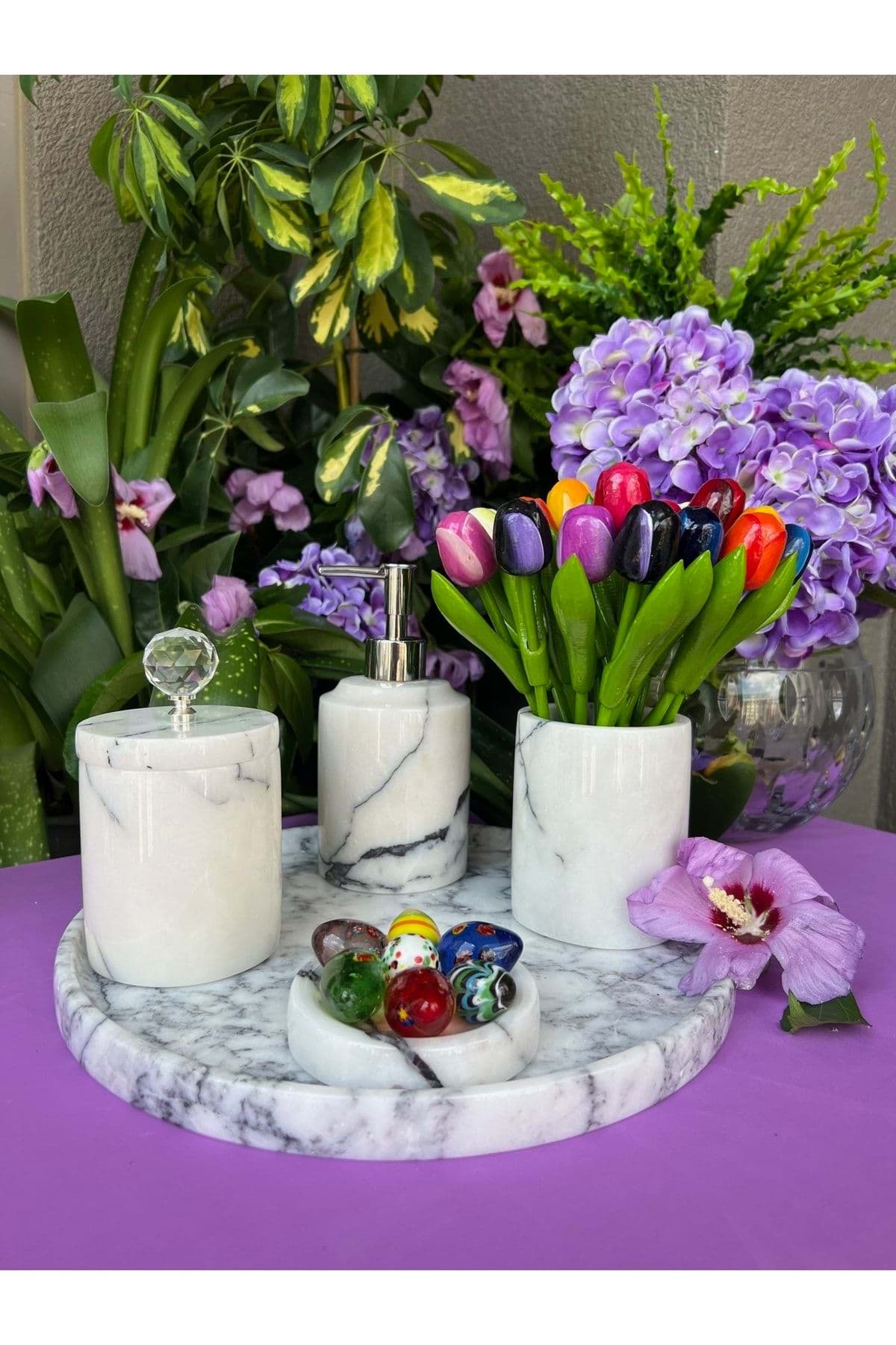 Dekoratif Leylak Mermer Gümüş Kristal Detaylı 5li Banyo Seti Takımı resmi