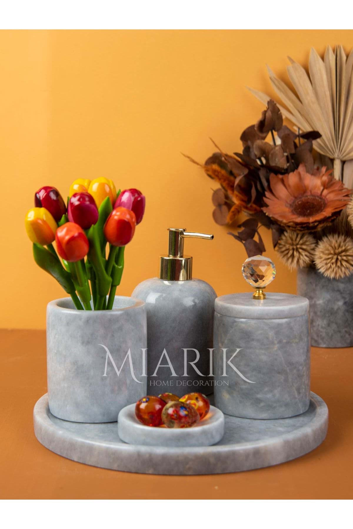 Dekoratif Gri Mermer Gold Altın Kristal Detaylı 5'li Banyo Seti Takımı resmi