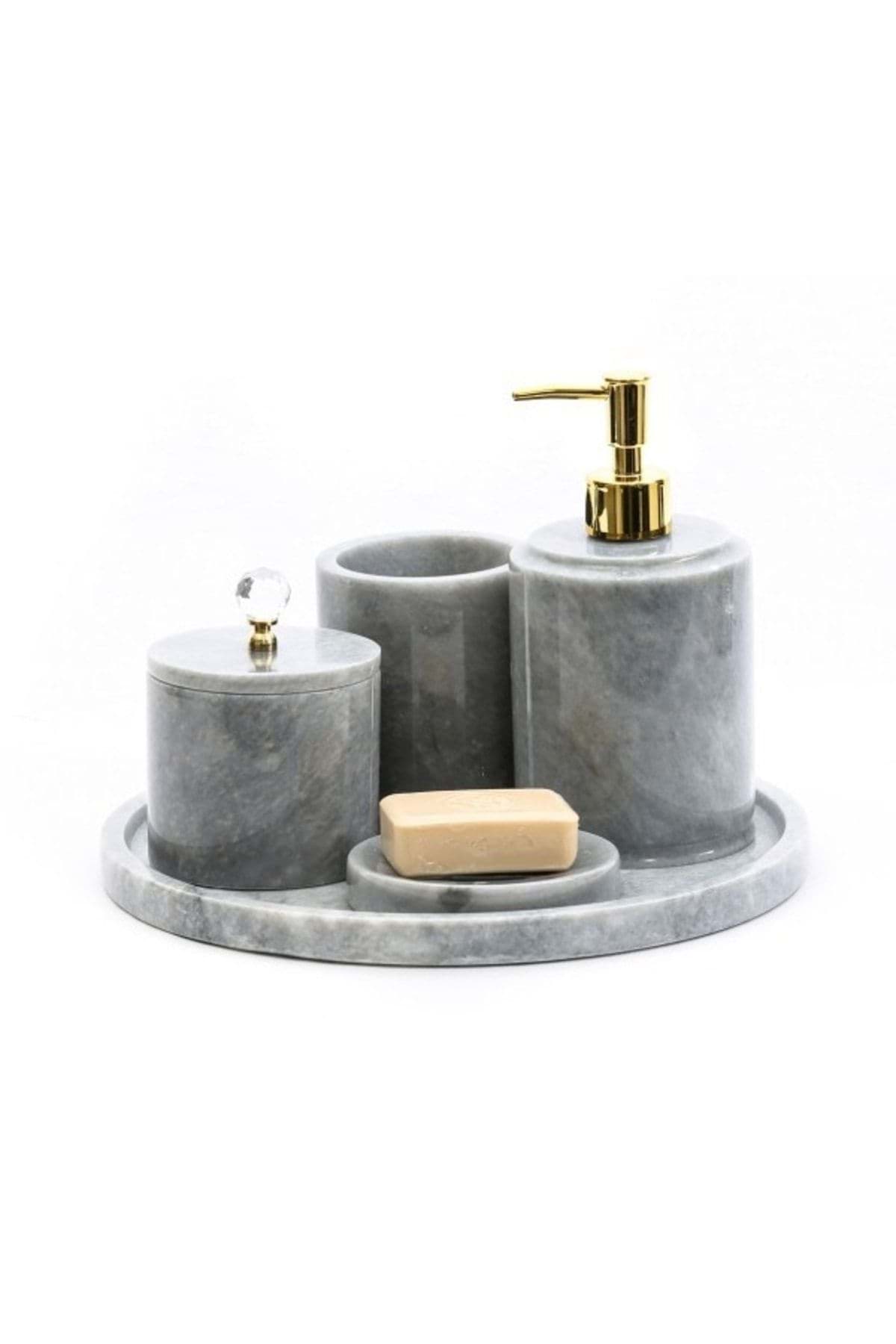 Dekoratif Gri Mermer Gold Altın Kristal Detaylı 5'li Banyo Seti Takımı resmi