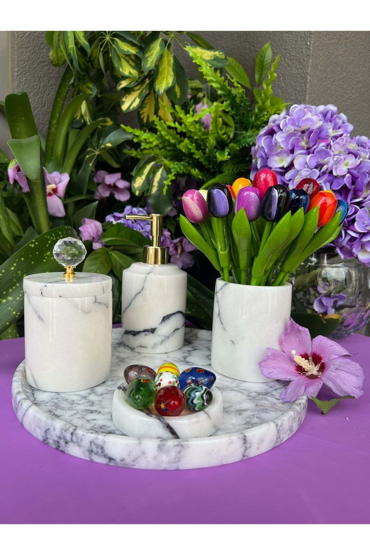 Dekoratif Leylak Mermer Gold Altın Kristal Detaylı 5 Li Banyo Seti Takımı resmi