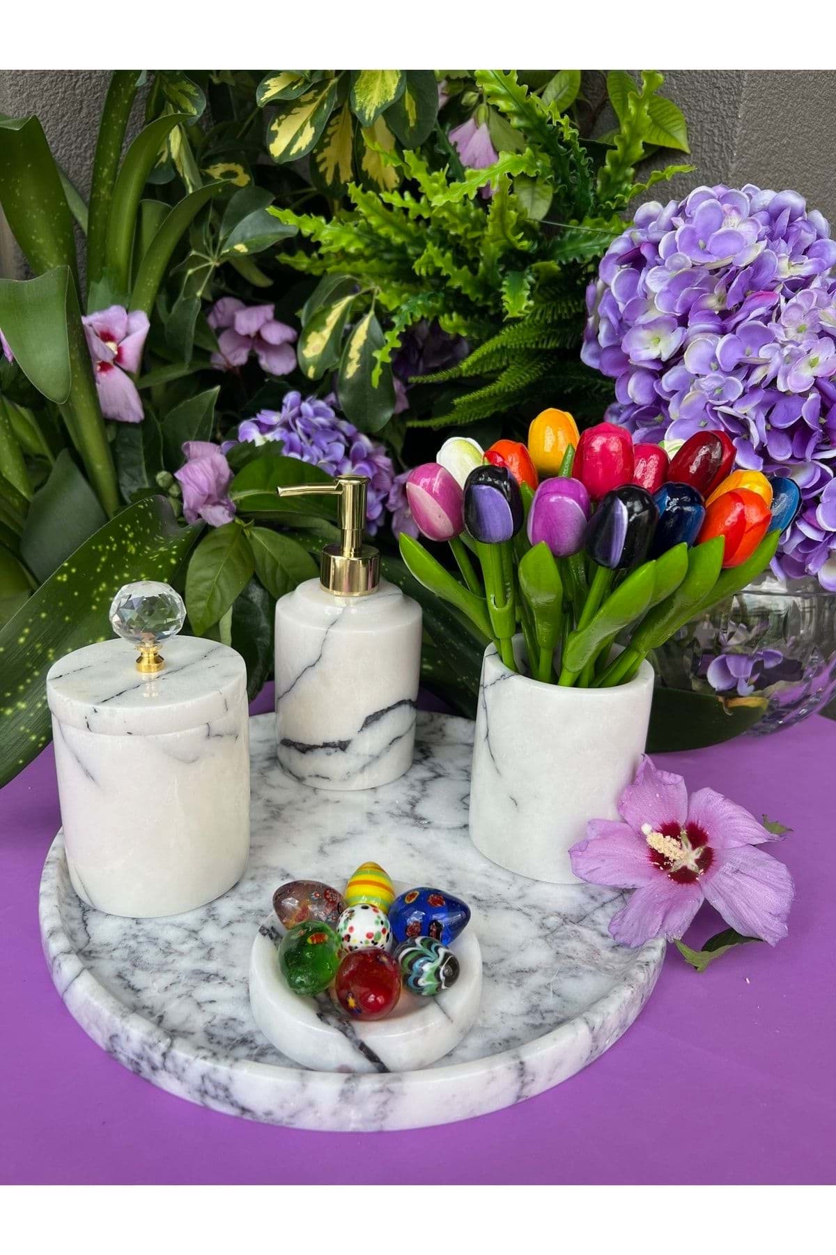 Dekoratif Leylak Mermer Gold Altın Kristal Detaylı 5 Li Banyo Seti Takımı resmi