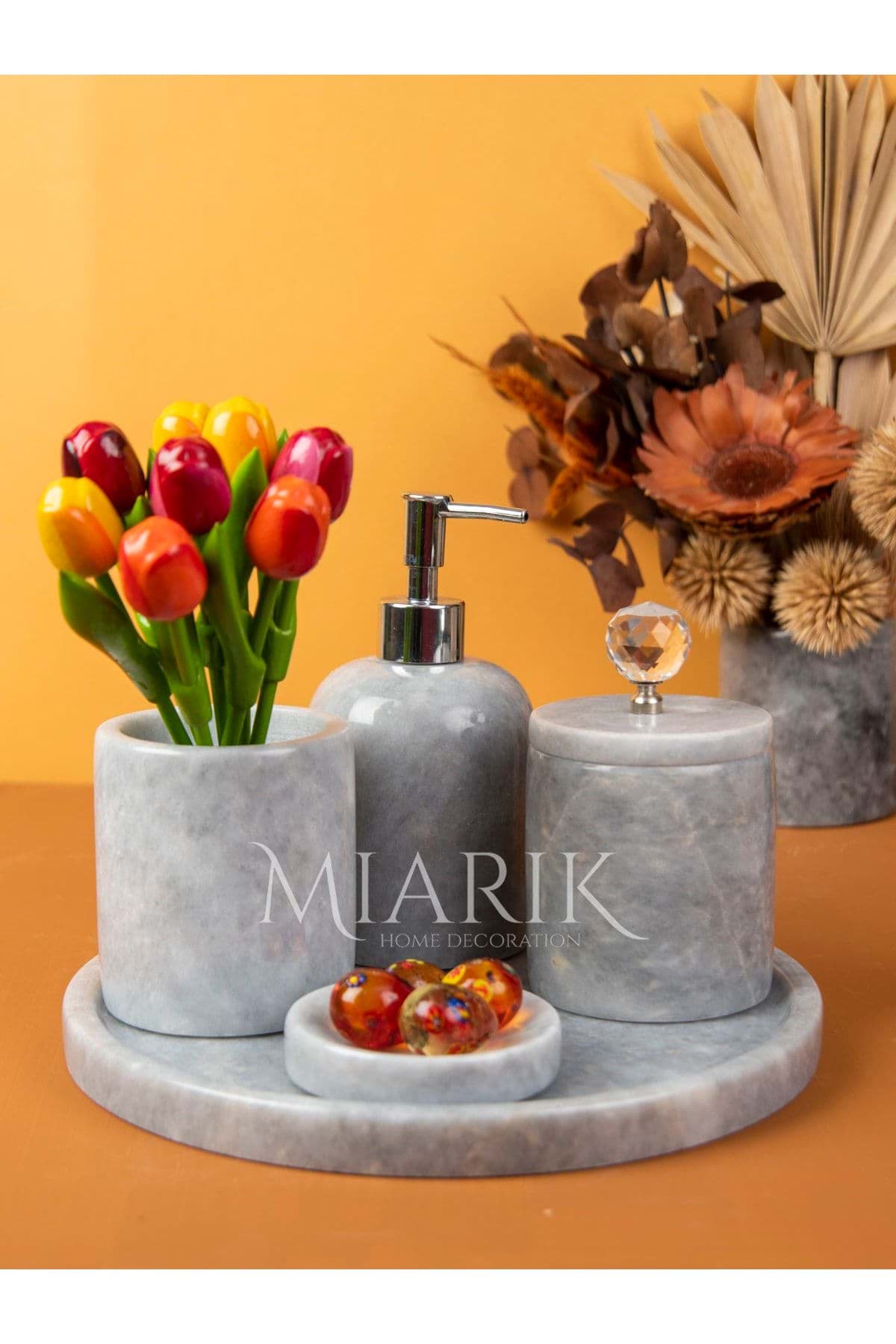 Dekoratif Grı Mermer Gümüş Kristal Detaylı 5 Li Banyo Seti Takımı resmi