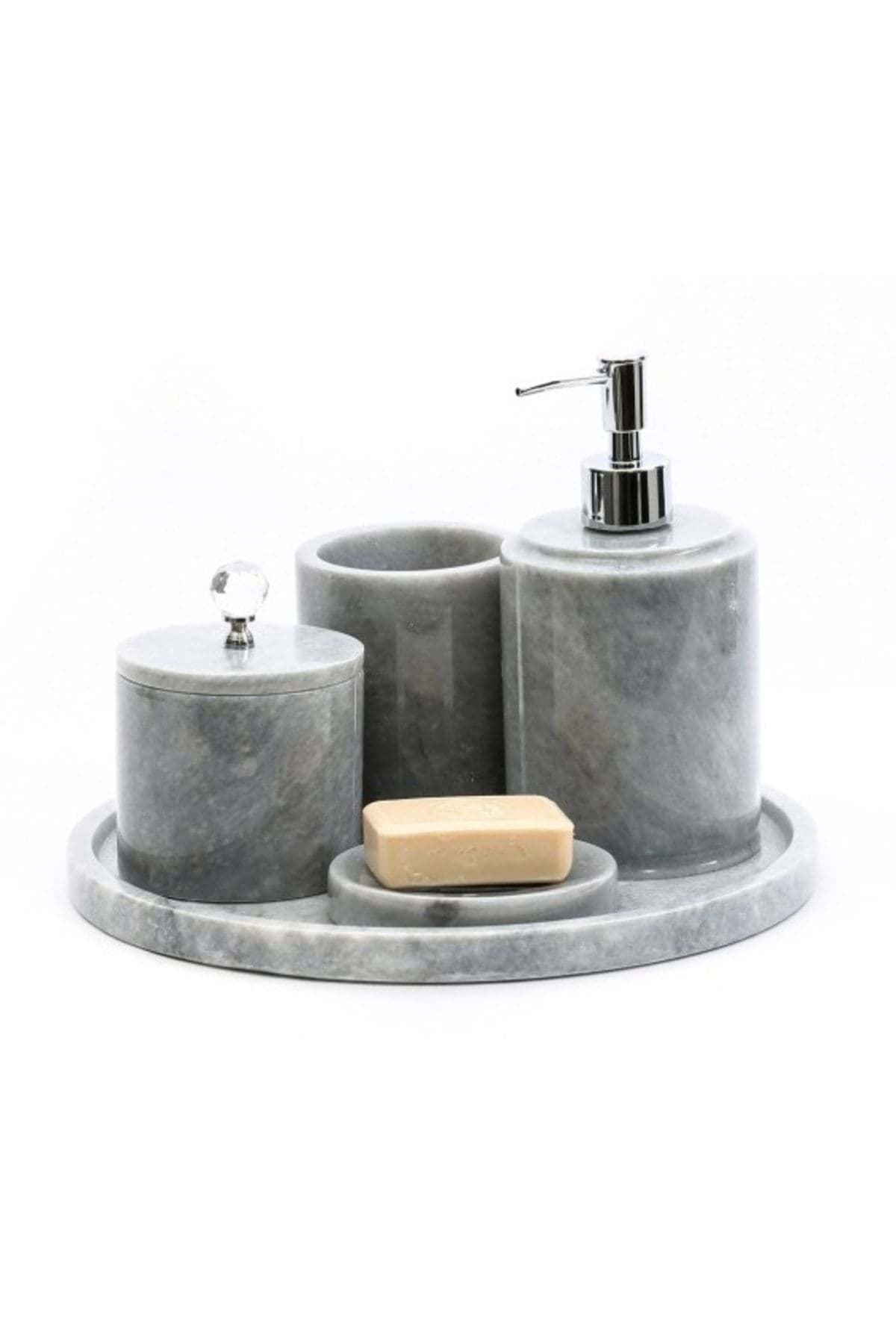 Dekoratif Grı Mermer Gümüş Kristal Detaylı 5 Li Banyo Seti Takımı resmi