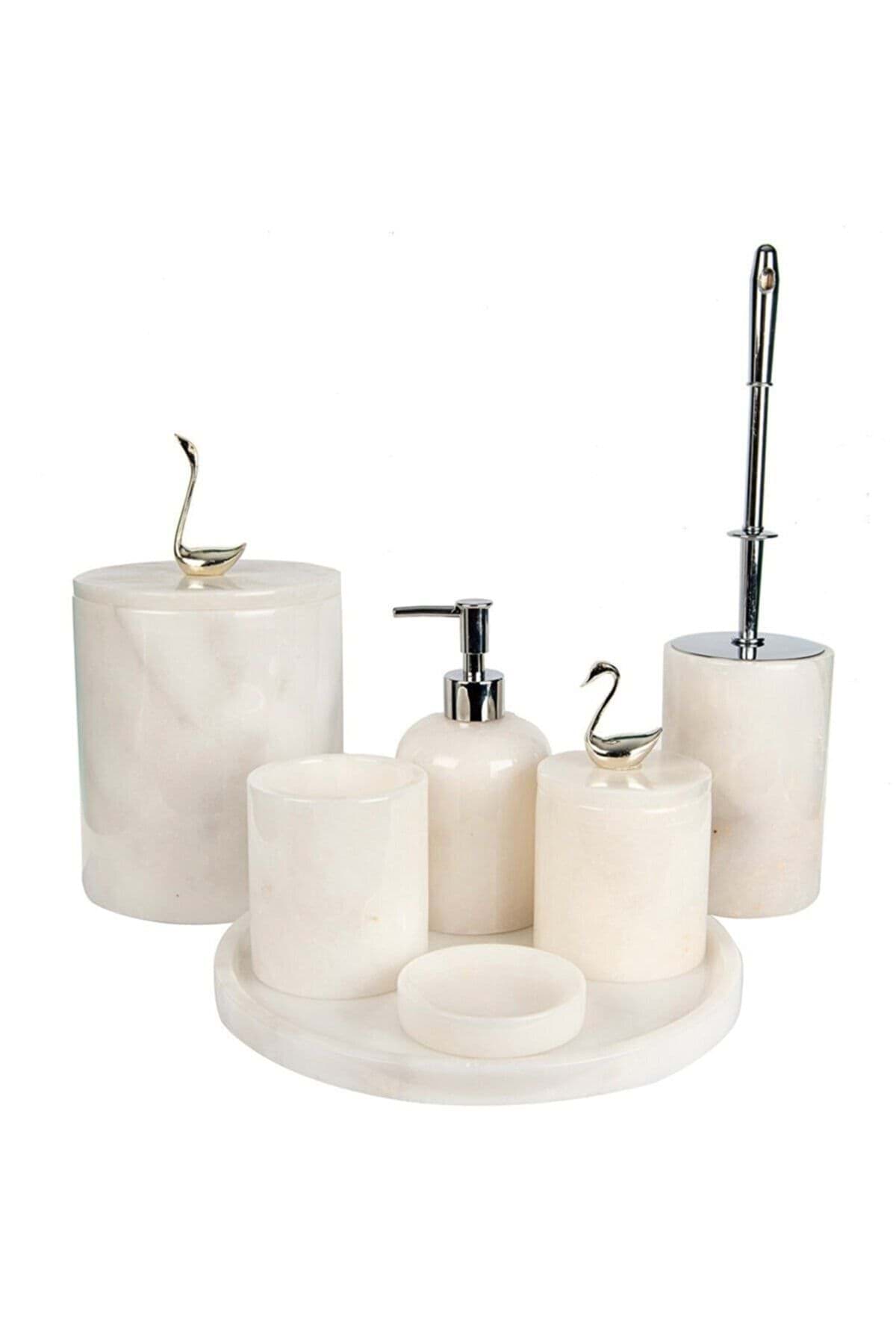 Dekoratif Beyaz Mermer Gümüş Kuş Kuğu Detaylı 7'li Banyo Seti resmi