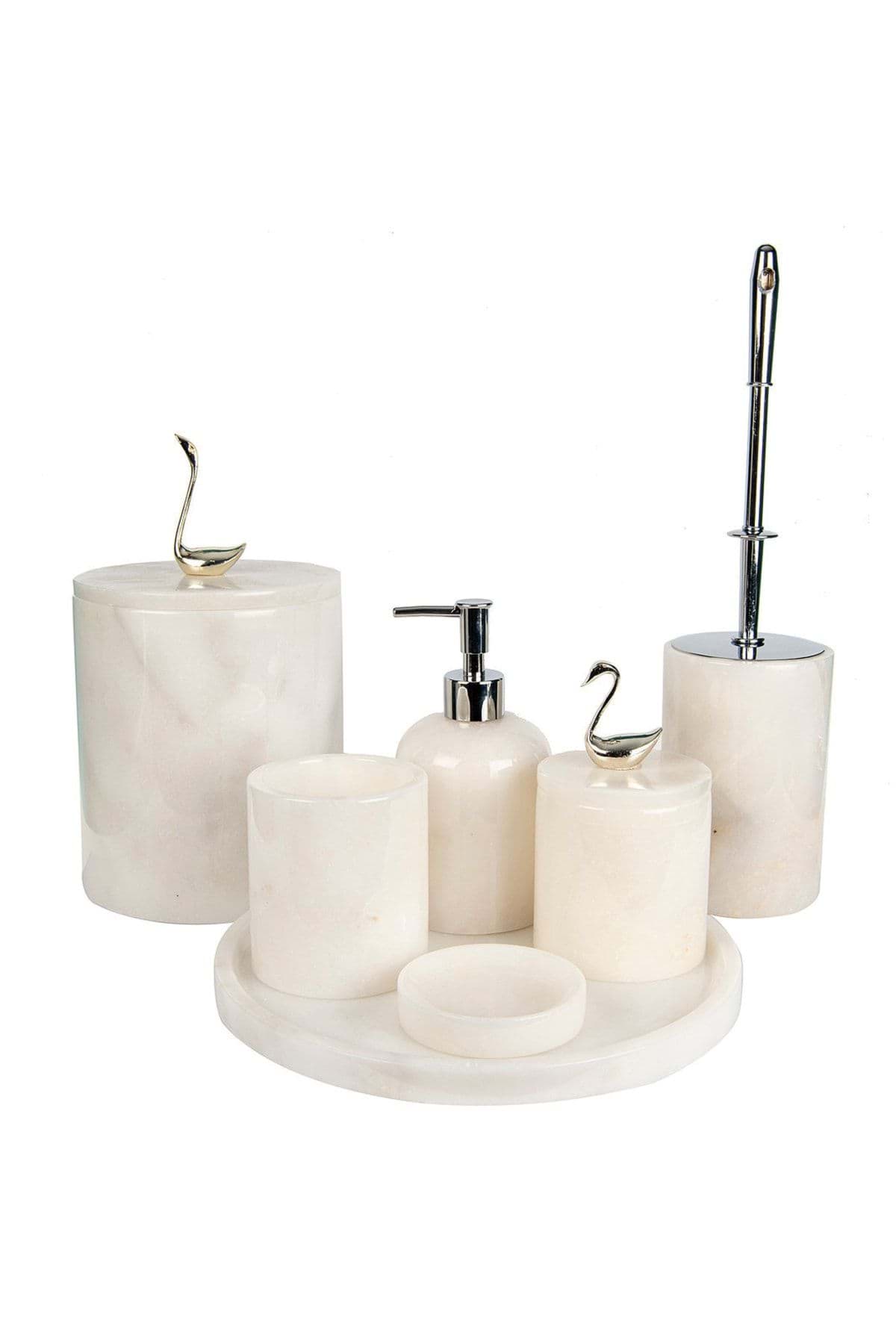Dekoratif Beyaz Mermer Gümüş Kuş Kuğu Detaylı 7'li Banyo Seti resmi
