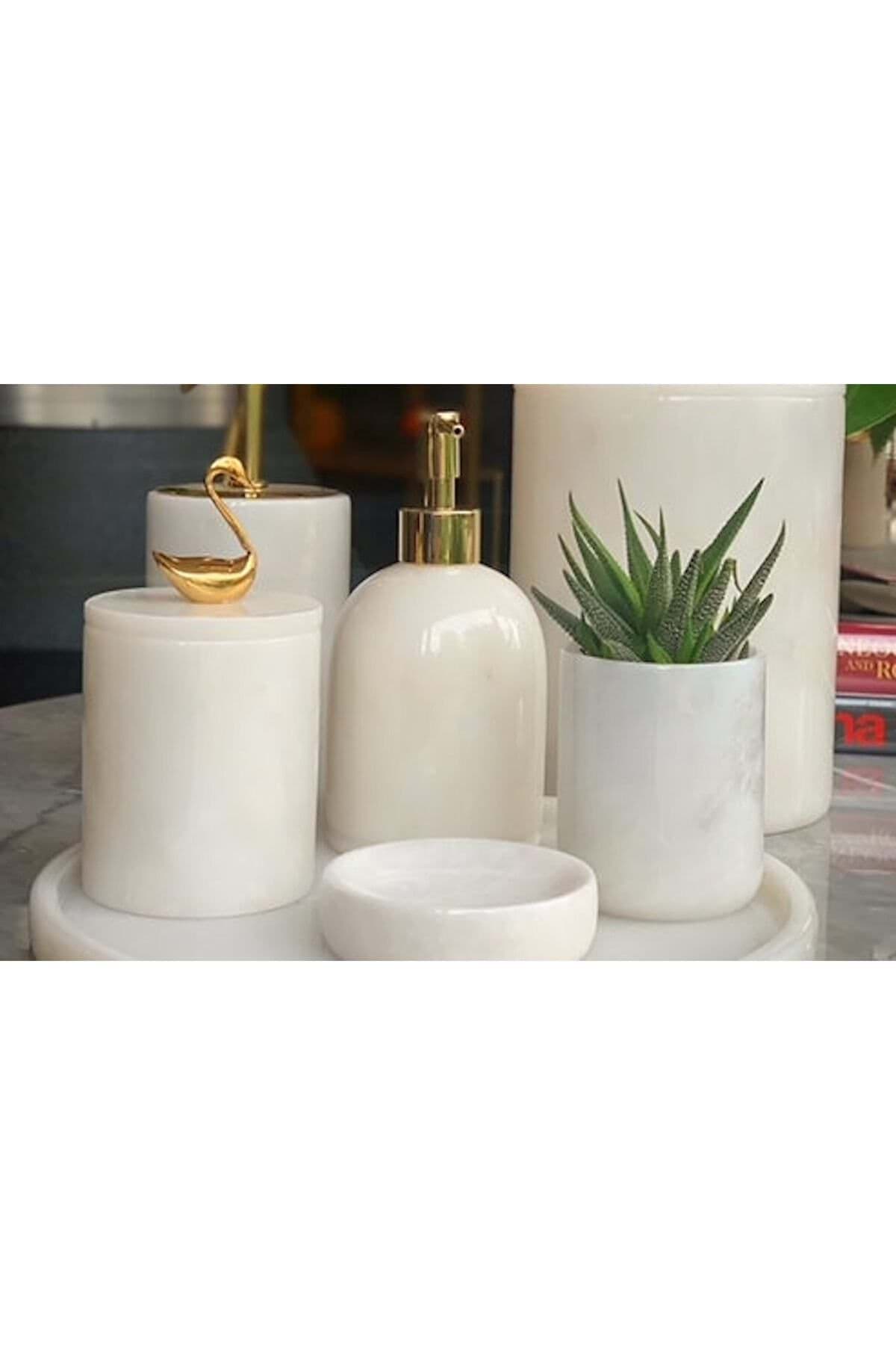 Dekoratif Beyaz Mermer Gold Kuş Kuğu Detaylı 5 li Banyo Seti Takımı resmi