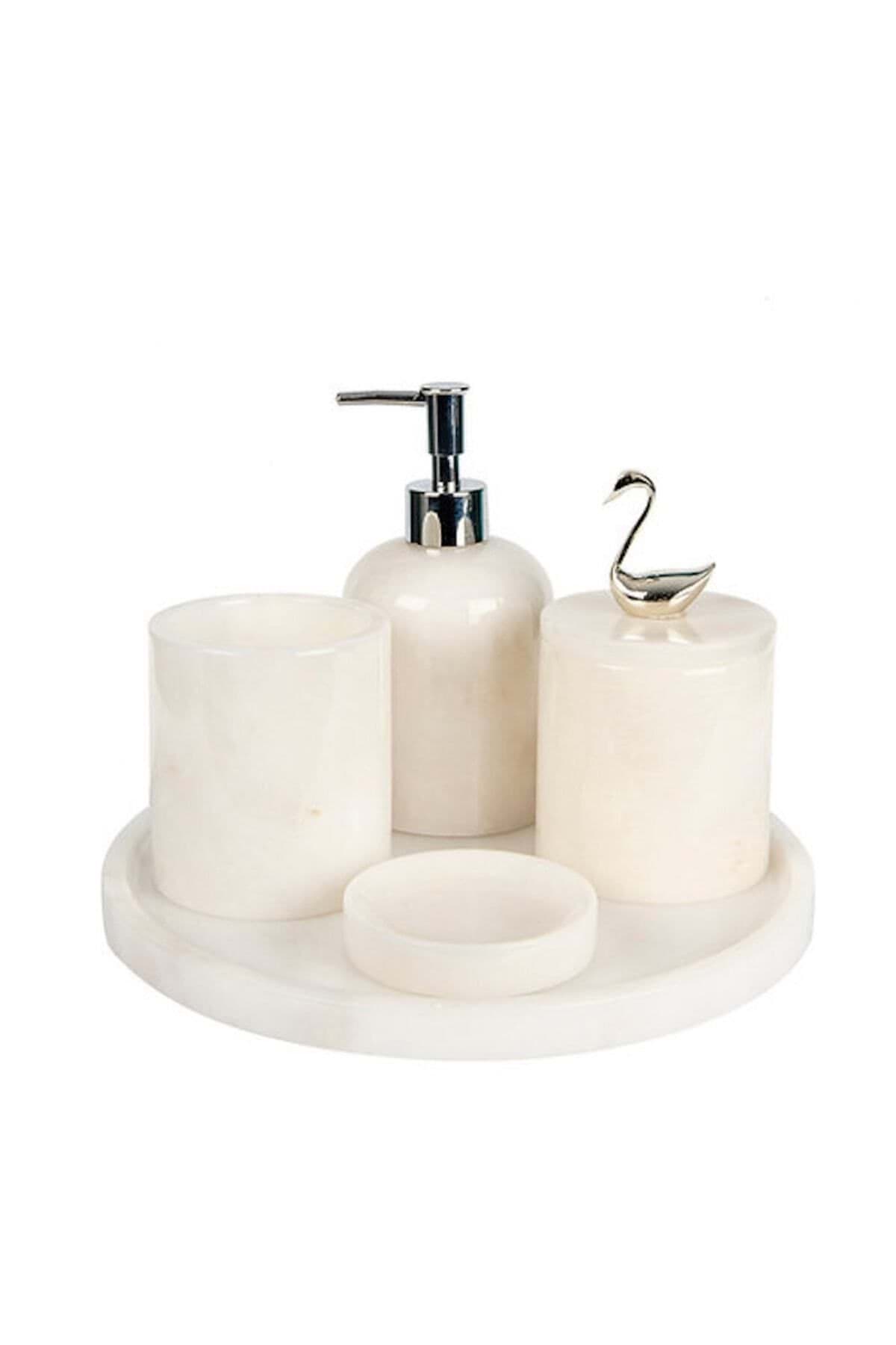 Dekoratif Beyaz Mermer Gümüş Kuş Kuğu Detaylı 5 Li Banyo Seti Takımı resmi