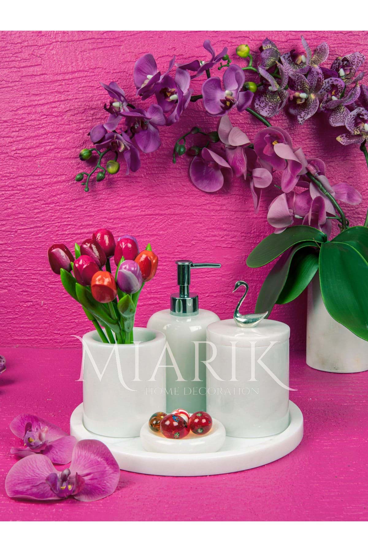 Dekoratif Beyaz Mermer Gümüş Kuş Kuğu Detaylı 5 Li Banyo Seti Takımı resmi