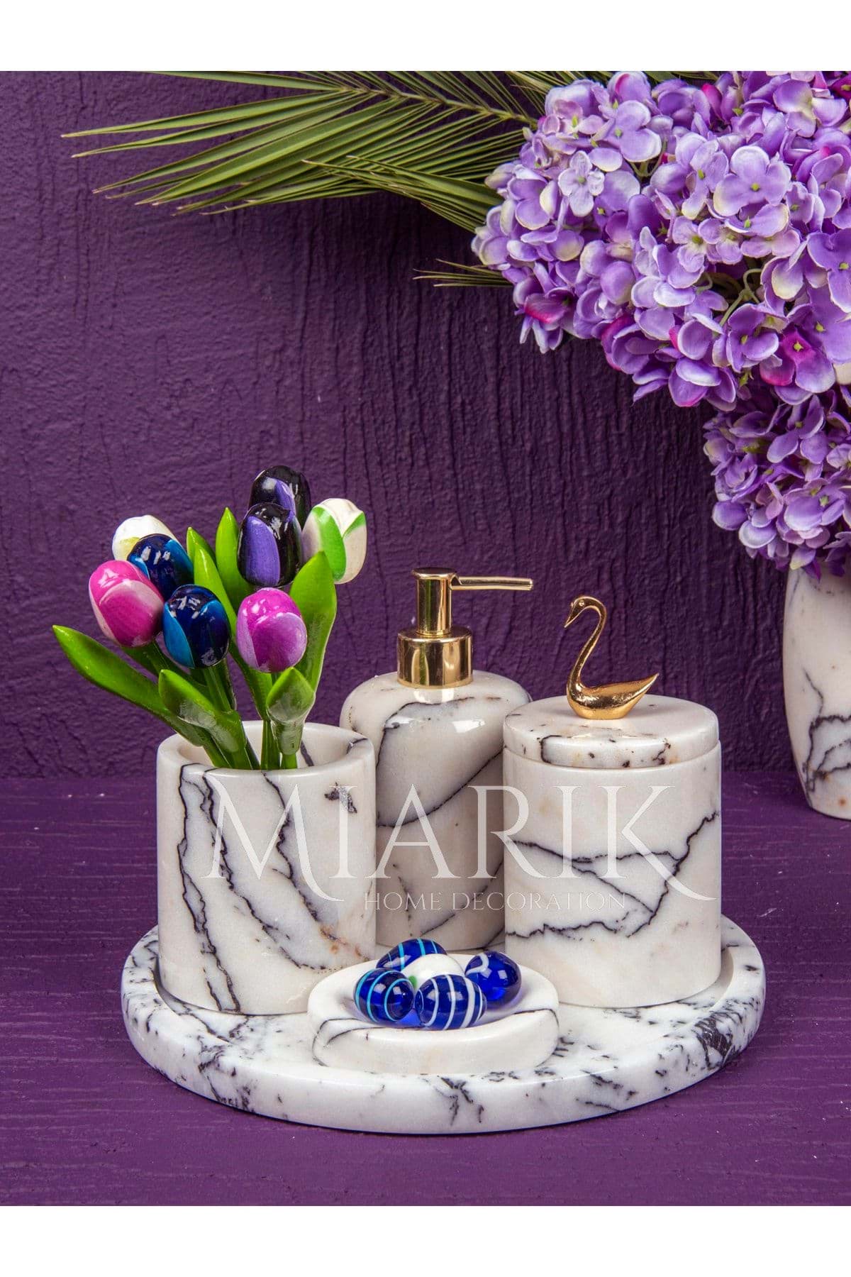 Dekoratif Leylak Mermer Gold Kuş Kuğu Detaylı 5 Li Banyo Seti Takımı resmi