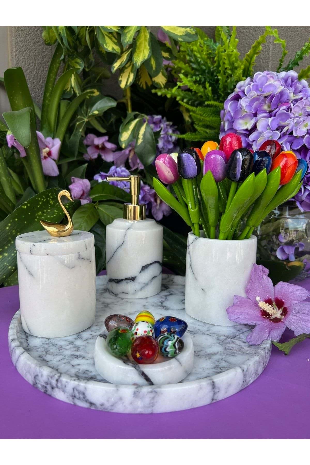Dekoratif Leylak Mermer Gold Kuş Kuğu Detaylı 5 Li Banyo Seti Takımı resmi