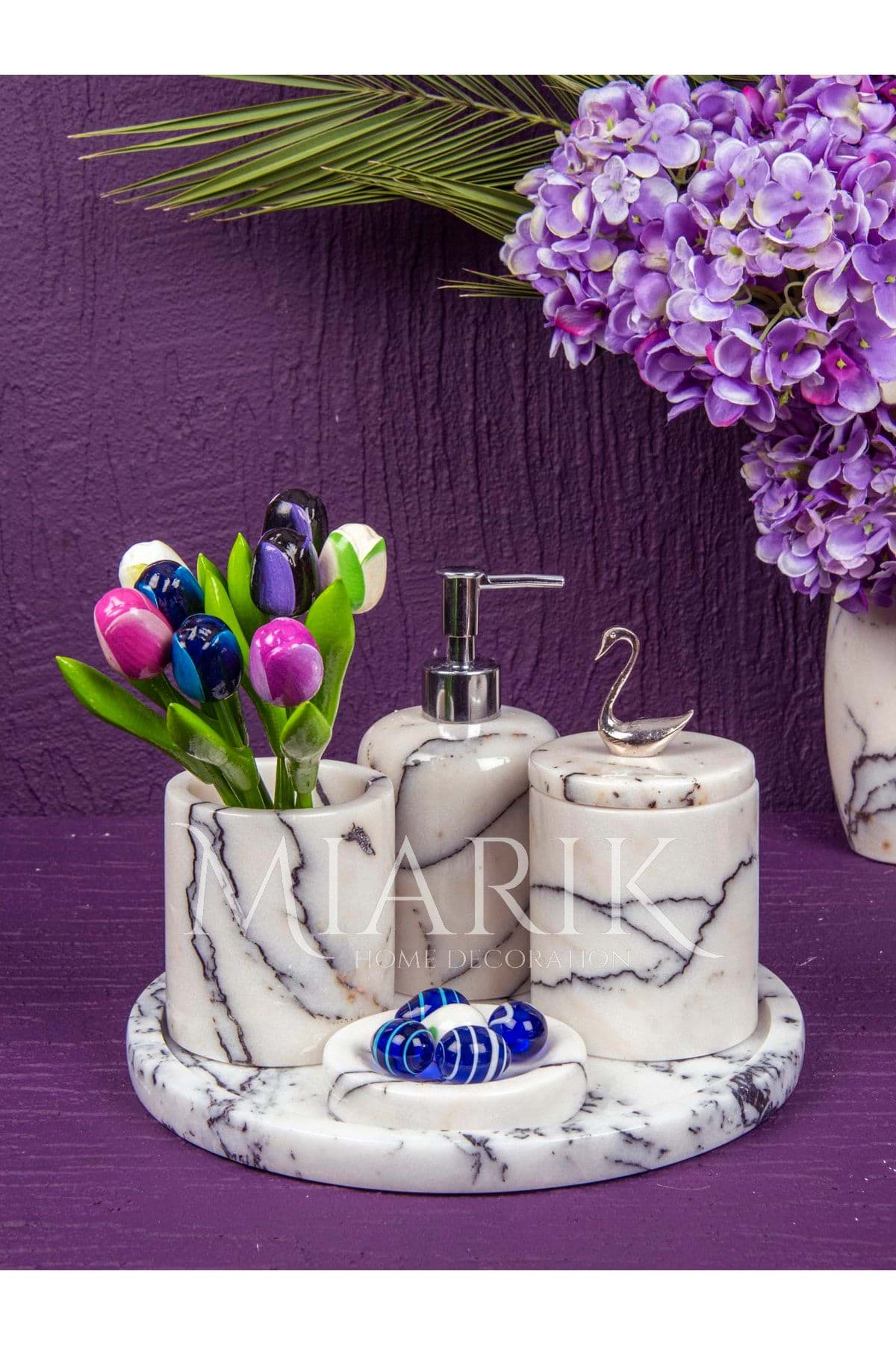 Dekoratif Leylak Mermer Gümüş Kuş Kuğu Detaylı 5 Li Banyo Seti Takımı resmi