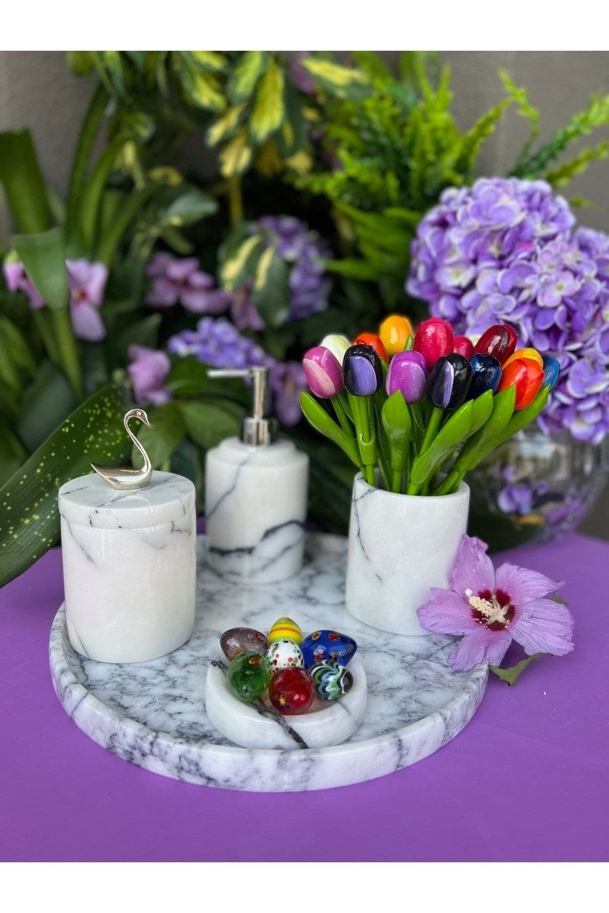 Dekoratif Leylak Mermer Gümüş Kuş Kuğu Detaylı 5 Li Banyo Seti Takımı resmi