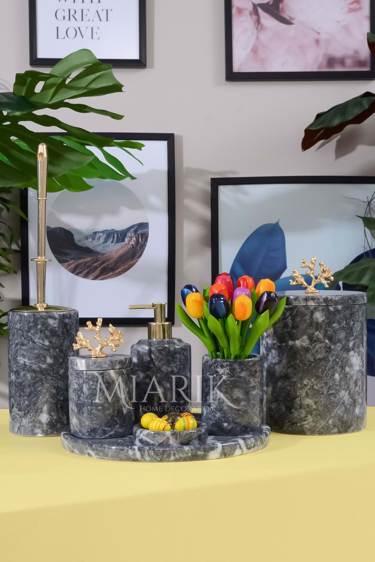 Dekoratif Koyu Grı Mermer Gold Mercan Detaylı 7 Li Banyo Seti Takımı resmi