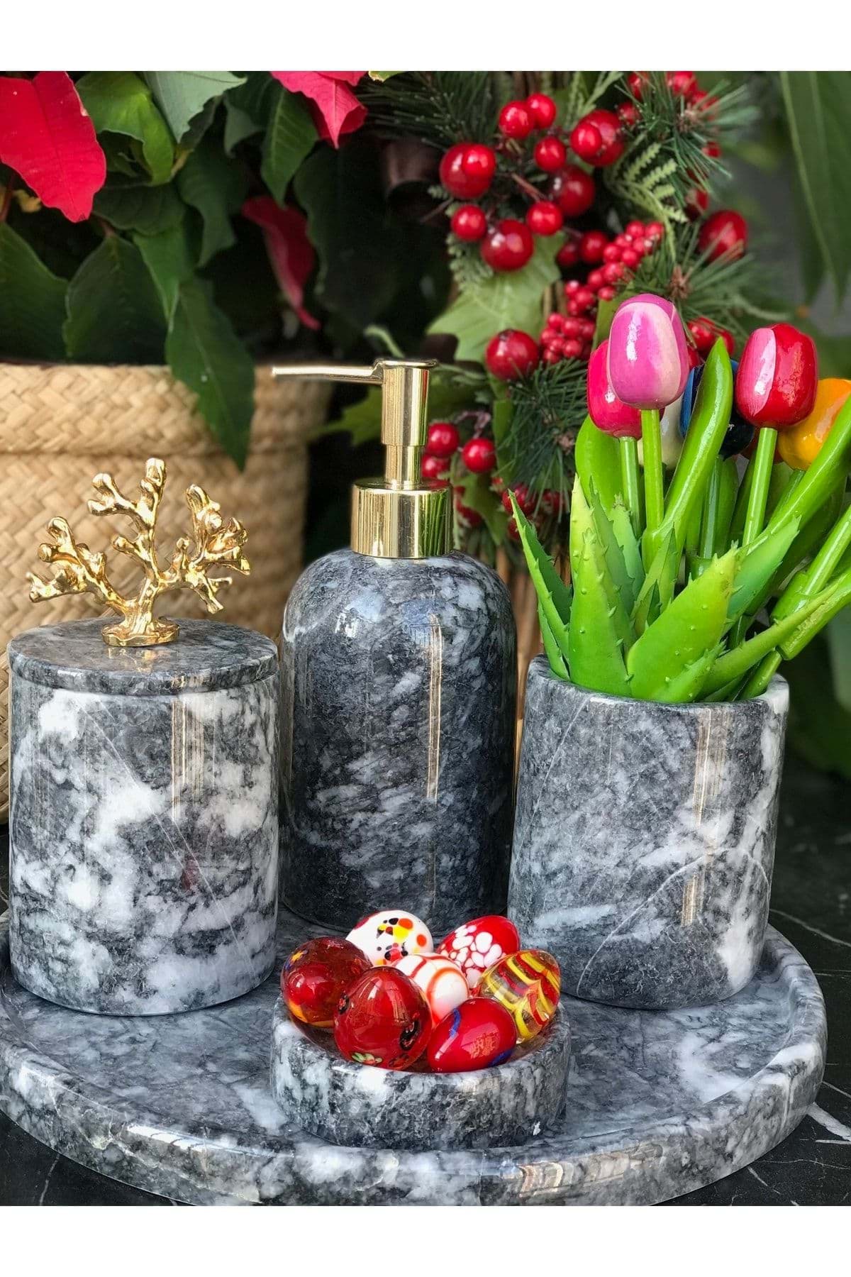 Dekoratif Koyu Grı Mermer Gold Mercan Detaylı 5 Li Banyo Seti Takımı resmi