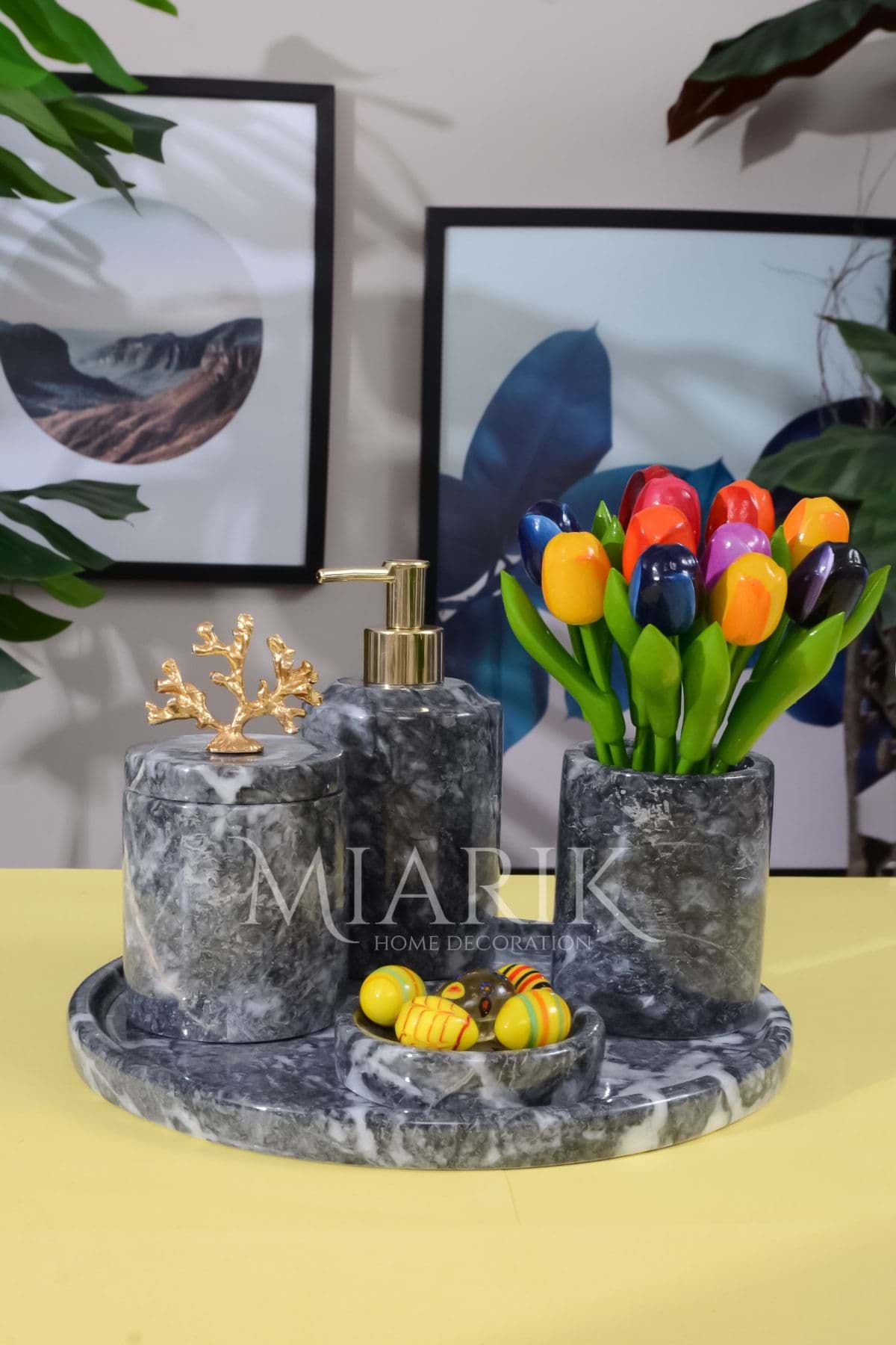 Dekoratif Koyu Grı Mermer Gold Mercan Detaylı 5 Li Banyo Seti Takımı resmi