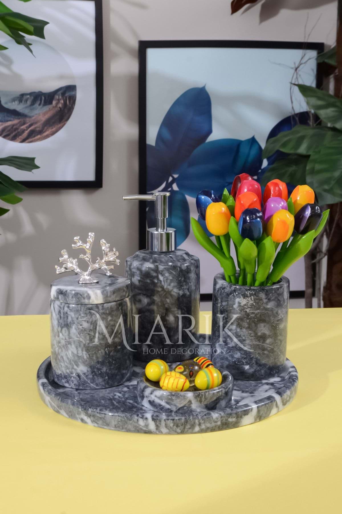 Dekoratif Koyu Grı Mermer Gümüş Mercan Detaylı 5 Li Banyo Seti Takımı resmi