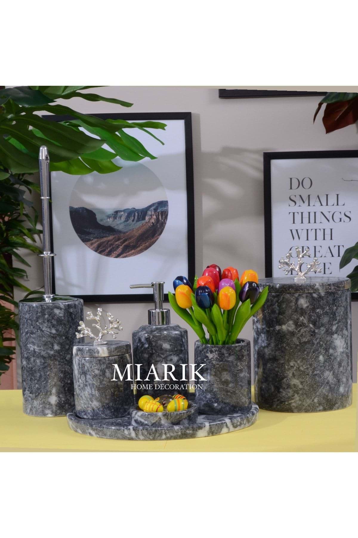 Dekoratif Koyu Gri Mermer Gümüş Mercan Detaylı 7 Li Banyo Seti Takımı resmi