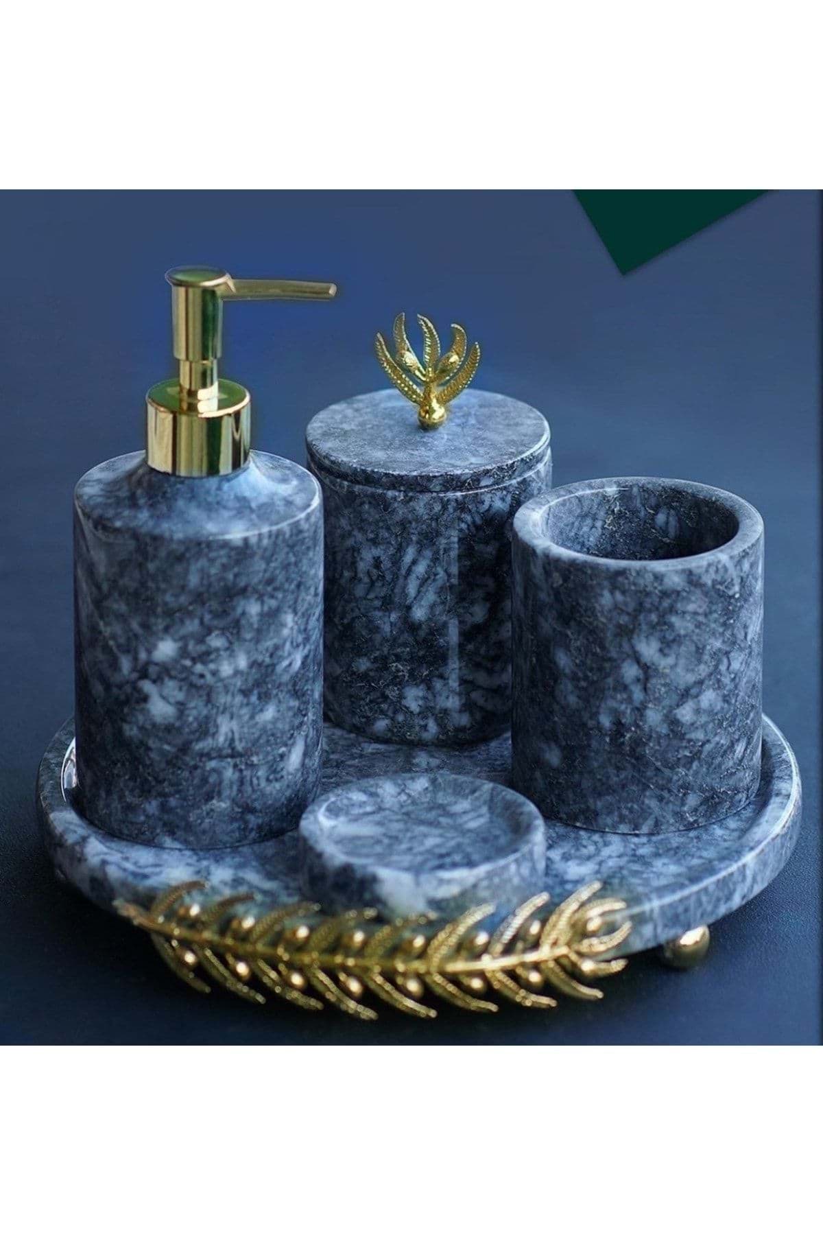 Dekoratif Gri Mermer Altın Zeytin Dalı Detaylı 5 Li Banyo Seti Takımı resmi