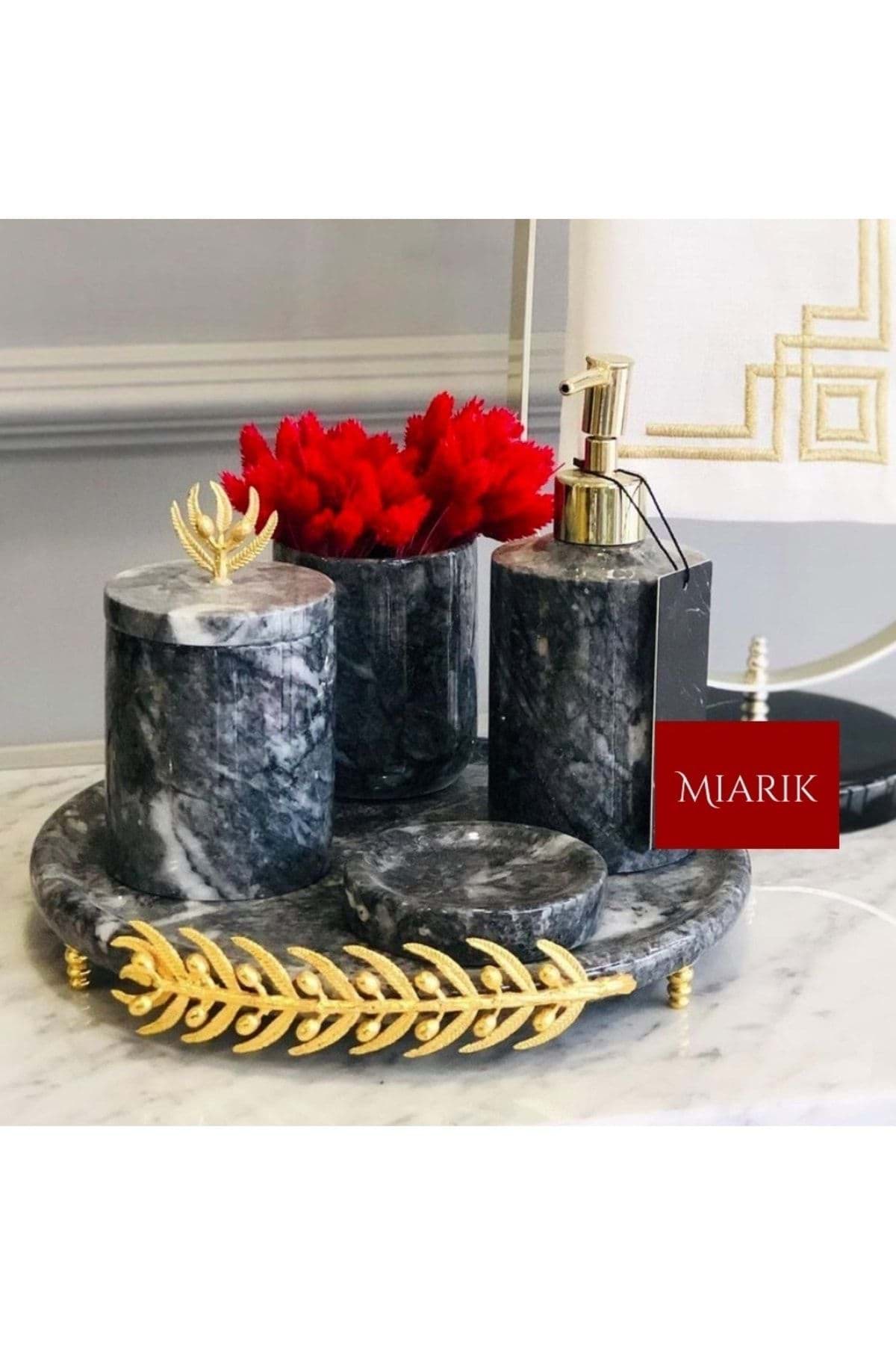 Dekoratif Gri Mermer Altın Zeytin Dalı Detaylı 5 Li Banyo Seti Takımı resmi