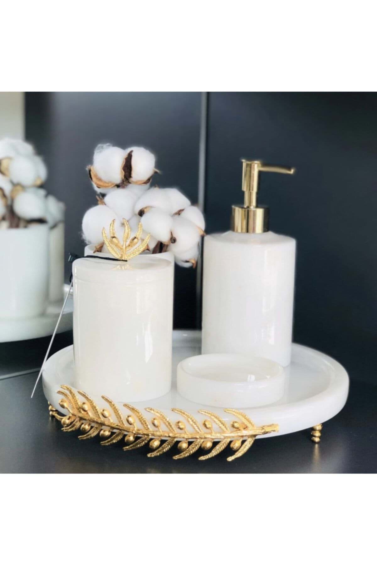 Dekoratif Beyaz Mermer Altın Zeytin Dalı Detaylı 5'li Banyo Seti Takımı resmi