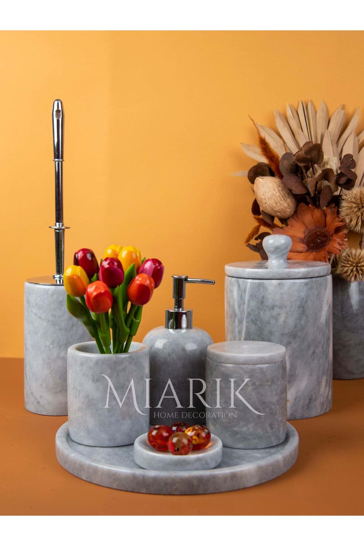 Dekoratif Gri Mermer Gümüş Detaylı 7 li Banyo Seti Takımı resmi