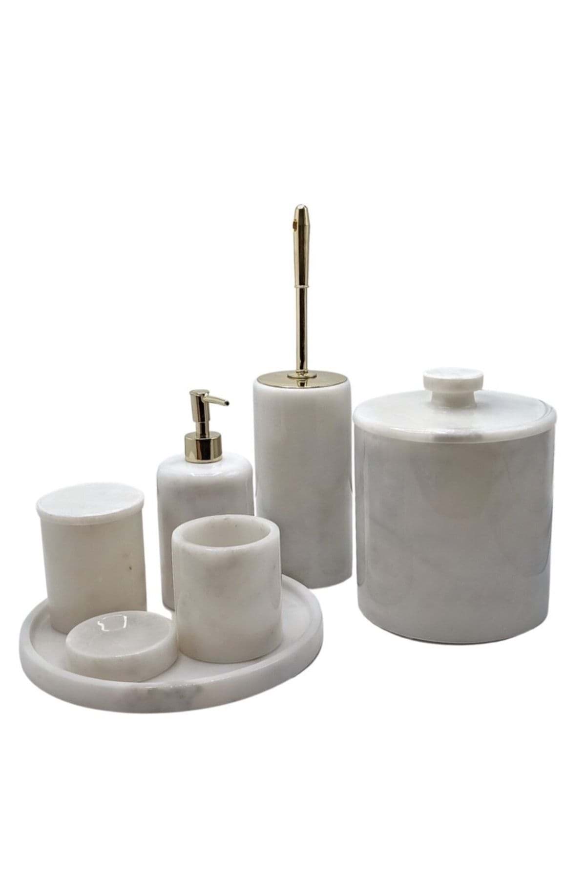 Dekoratif Beyaz Mermer Gümüş Detaylı 7 Li Banyo Seti Takımı resmi